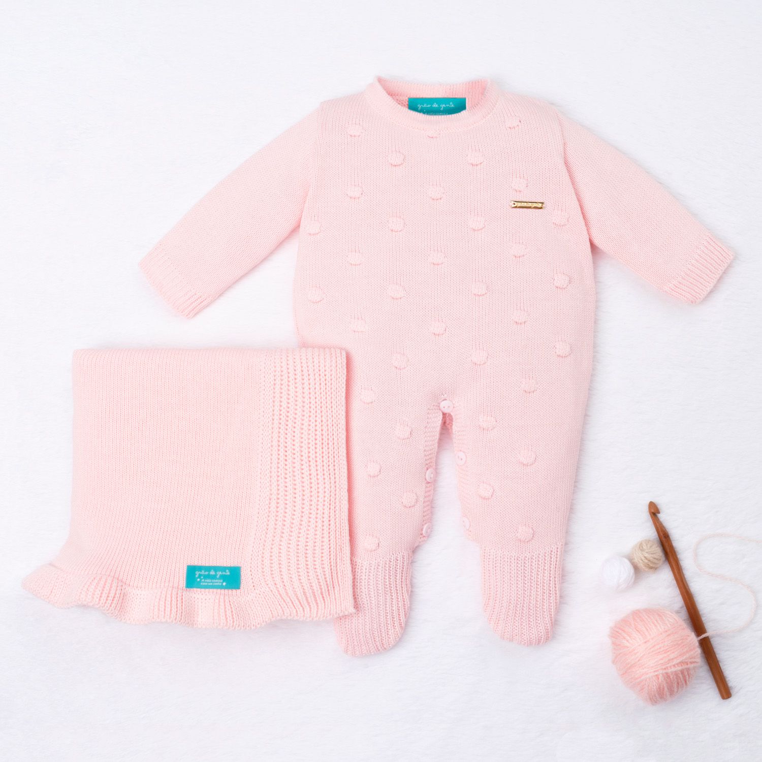 Saída Maternidade Tricot Bolinha Rosa 02 Peças