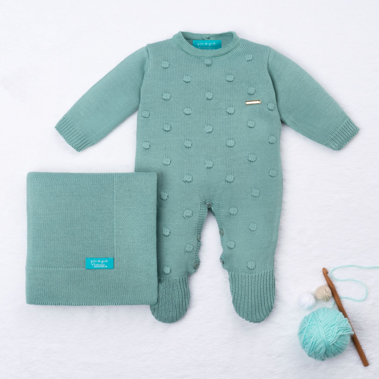 Saída Maternidade Tricot Bolinha Verde Acqua 02 Peças