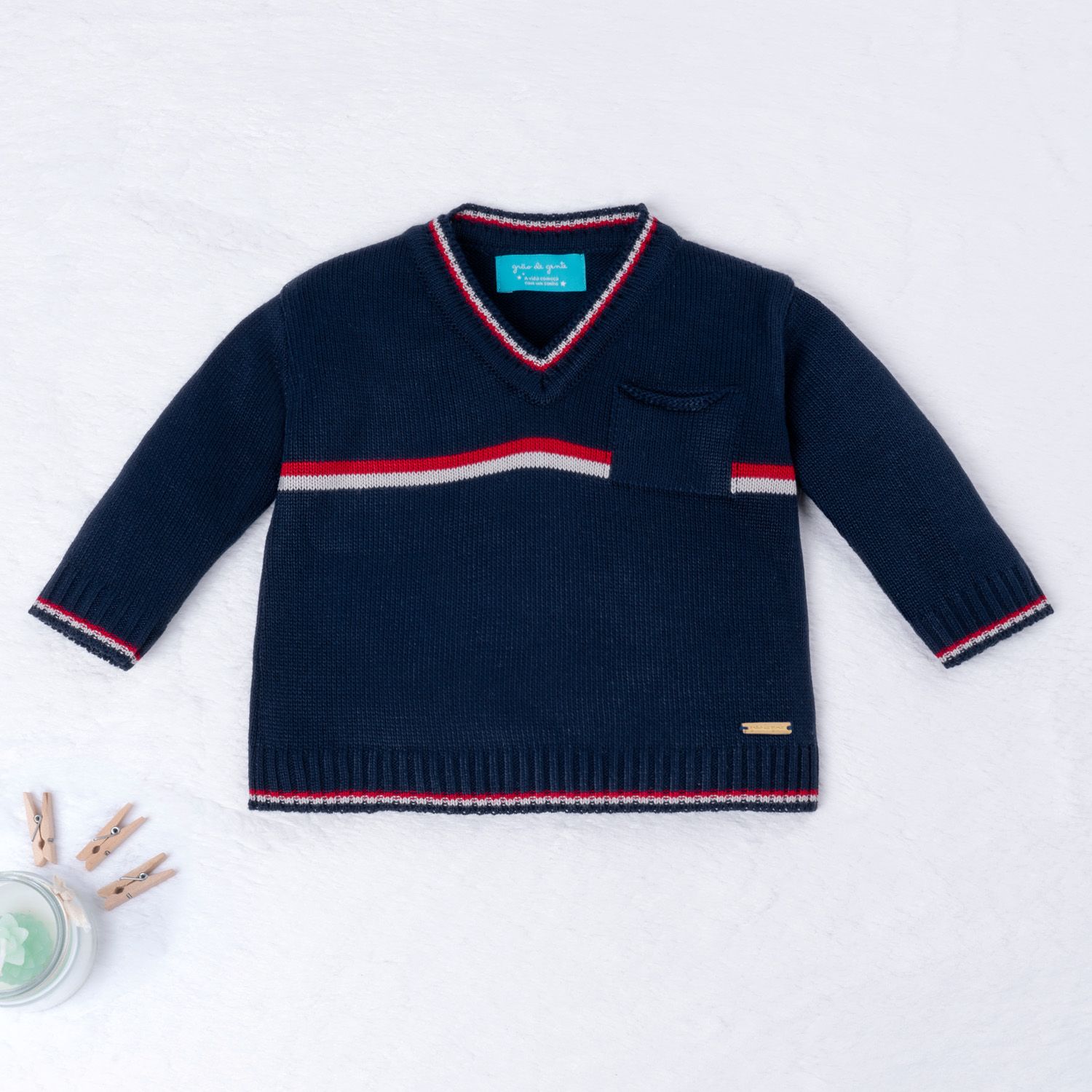 Conjunto Tricot Suéter e Calça Baseball Listras Bege e Azul Marinho 02 Peças