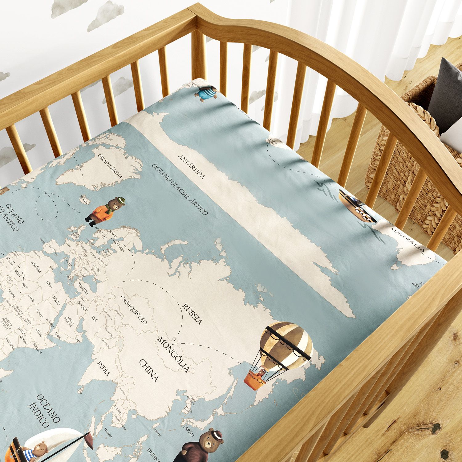 Lençol Berço com Elástico Teddy Pelo Mundo Mapa Mundi