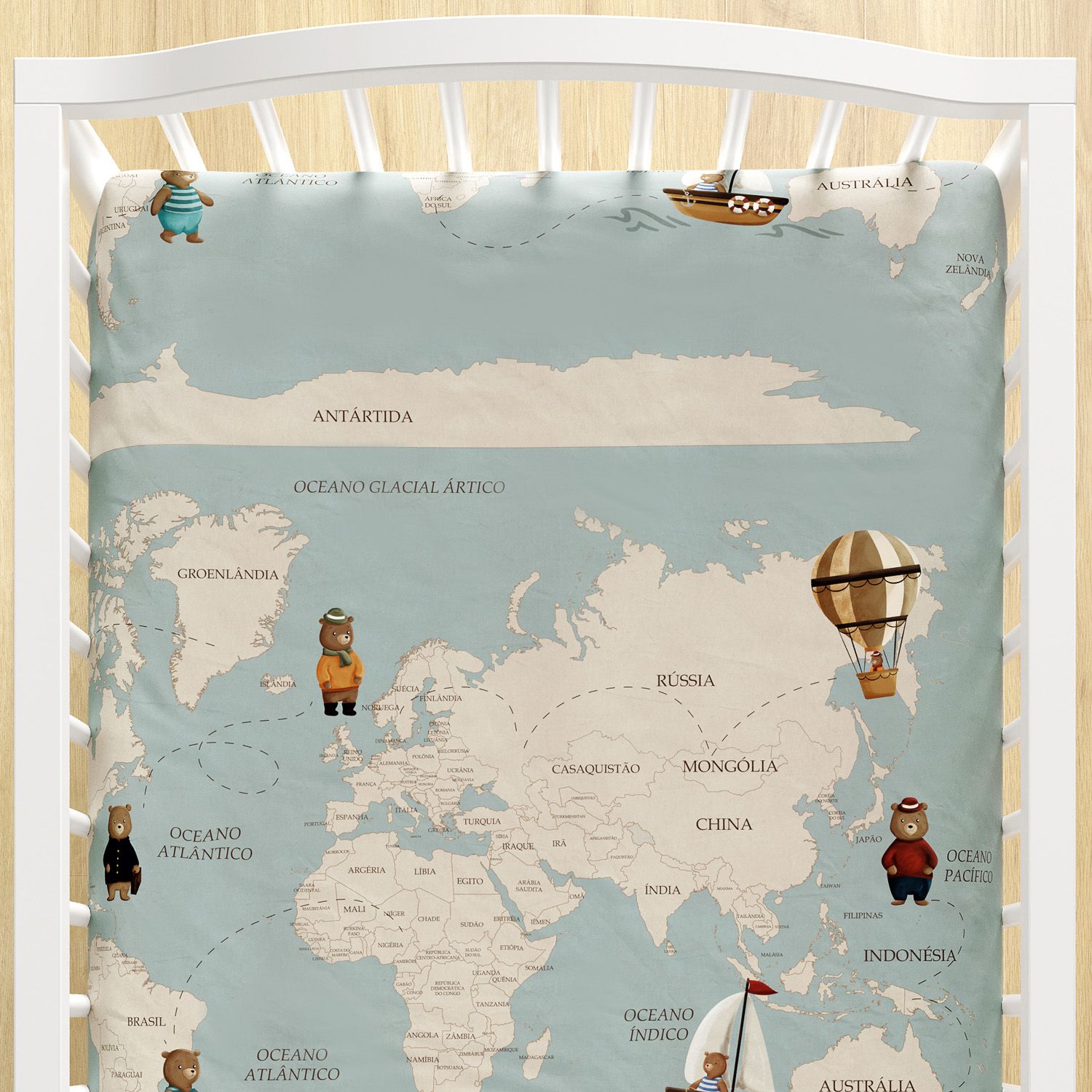 Lençol Berço com Elástico Teddy Pelo Mundo Mapa Mundi