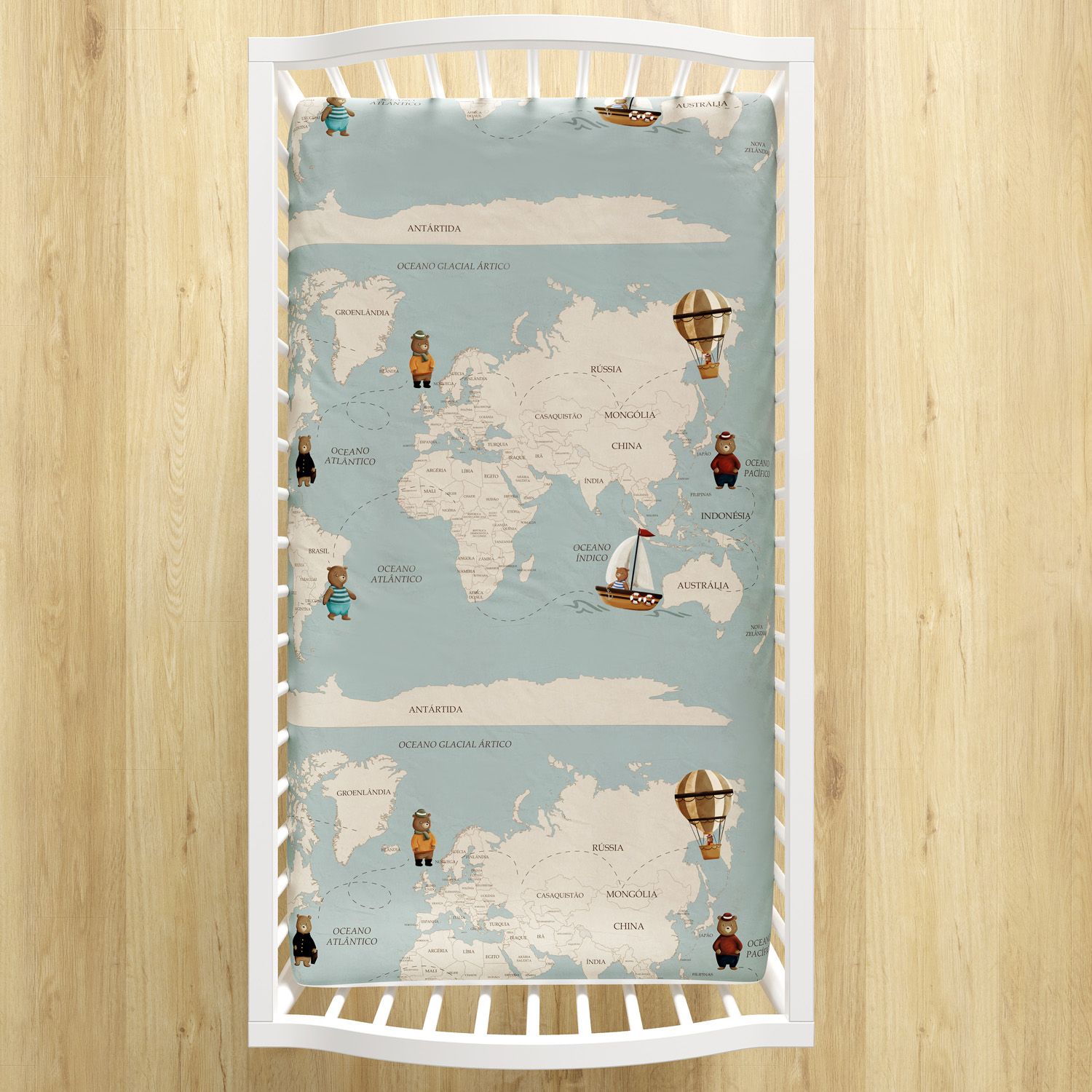 Lençol Berço com Elástico Teddy Pelo Mundo Mapa Mundi