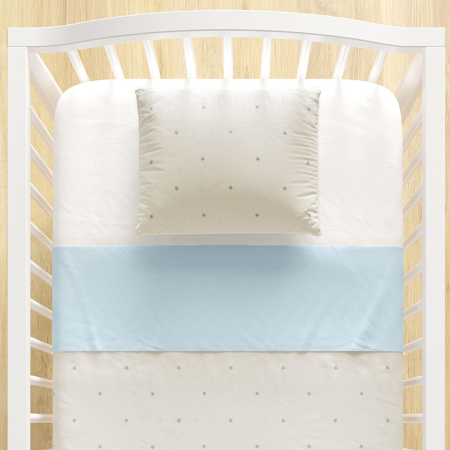 Jogo de Lençol Berço Bege Estrelinhas com Faixa Azul 3 Peças