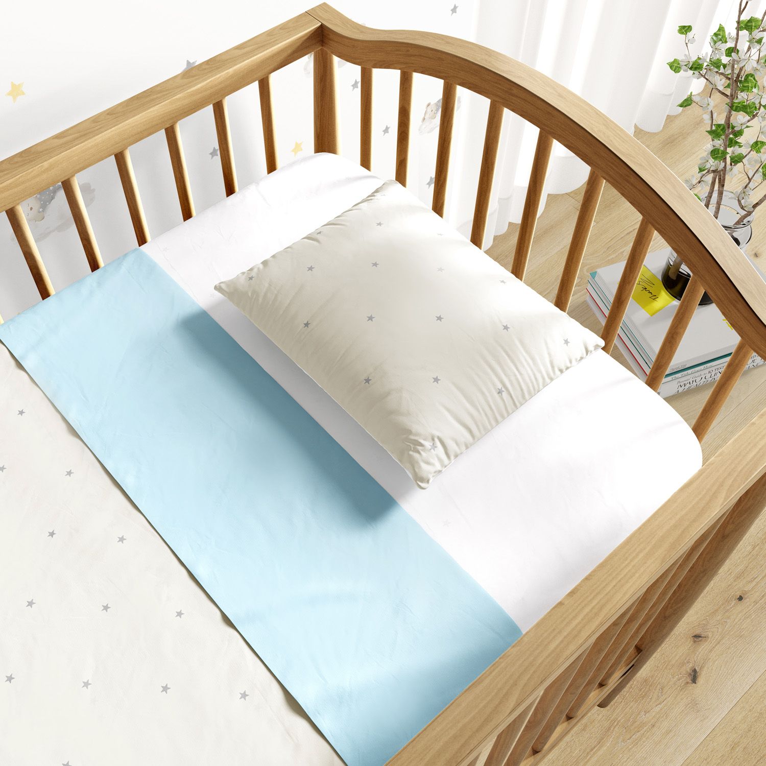 Jogo de Lençol Berço Bege Estrelinhas com Faixa Azul 3 Peças