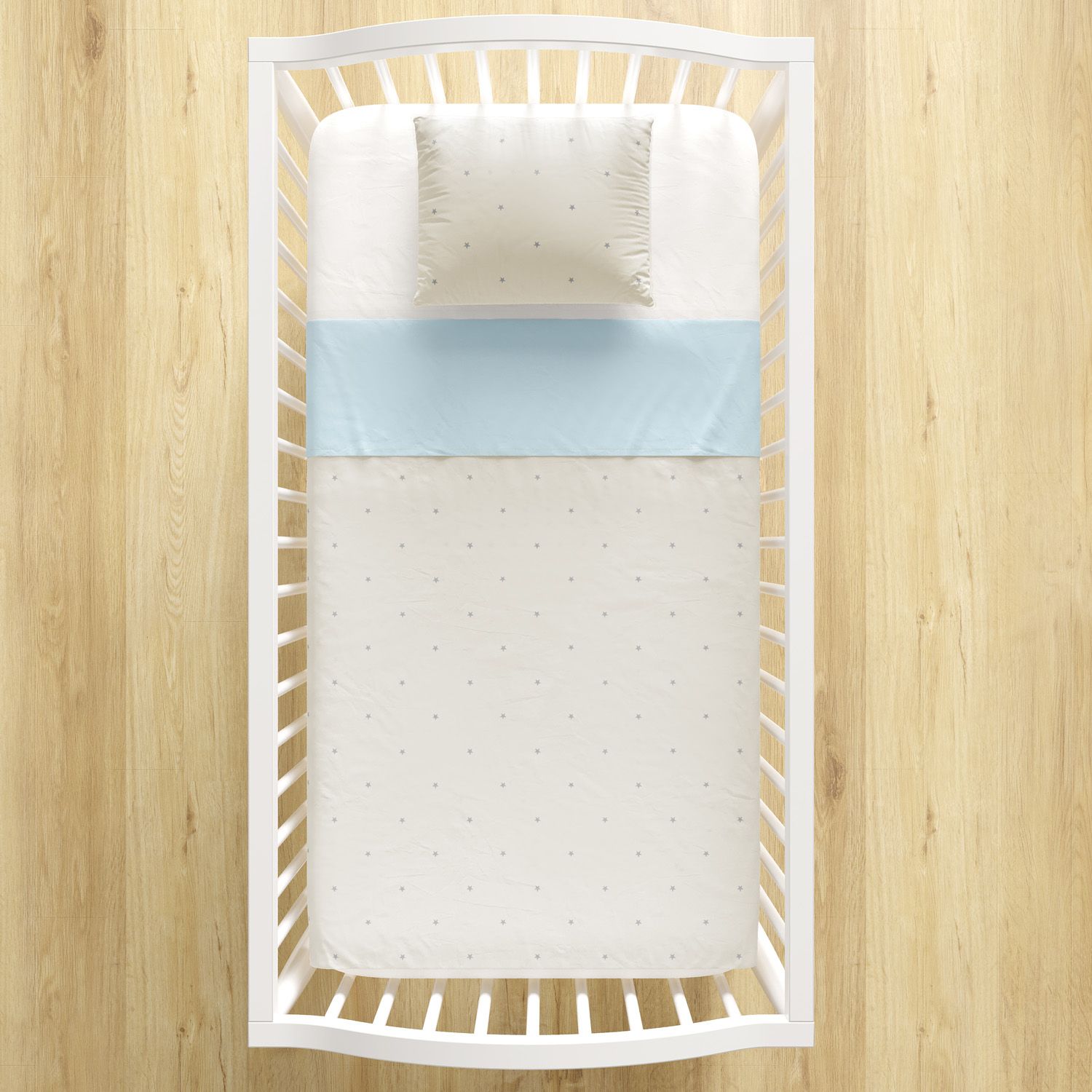 Jogo de Lençol Berço Bege Estrelinhas com Faixa Azul 3 Peças