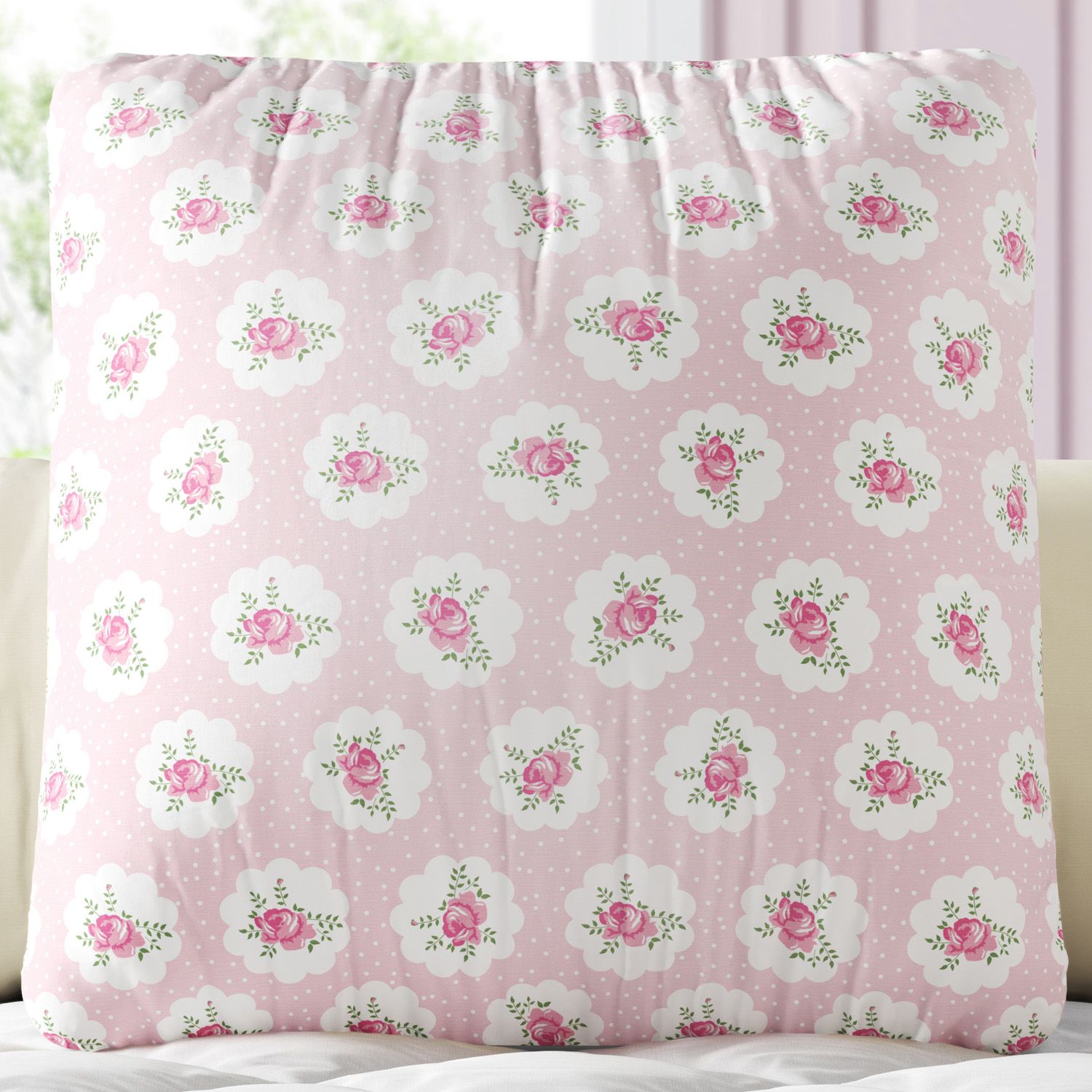 Almofada Quadrada Floral Liberty Poá Rosa 30cm