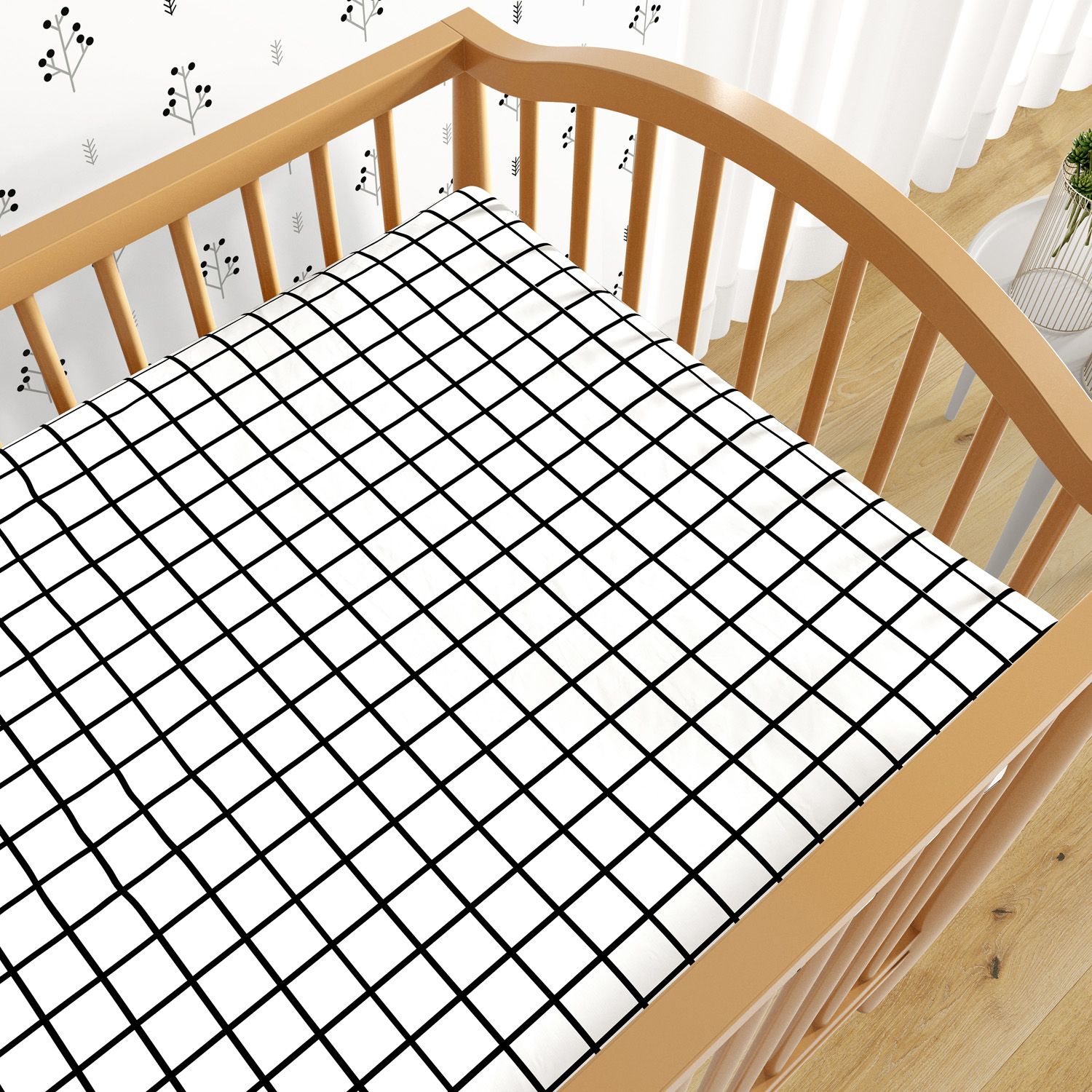 Lençol Berço com Elástico Quadriculado Branco e Preto