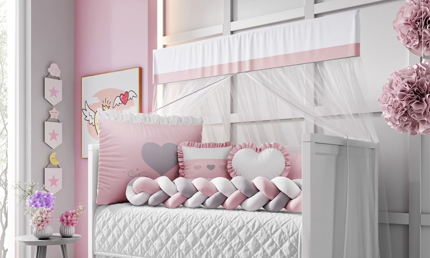 Kit Berço Trança Coração Rosa