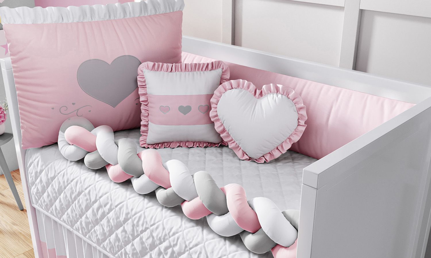 Kit Berço Trança Coração Rosa