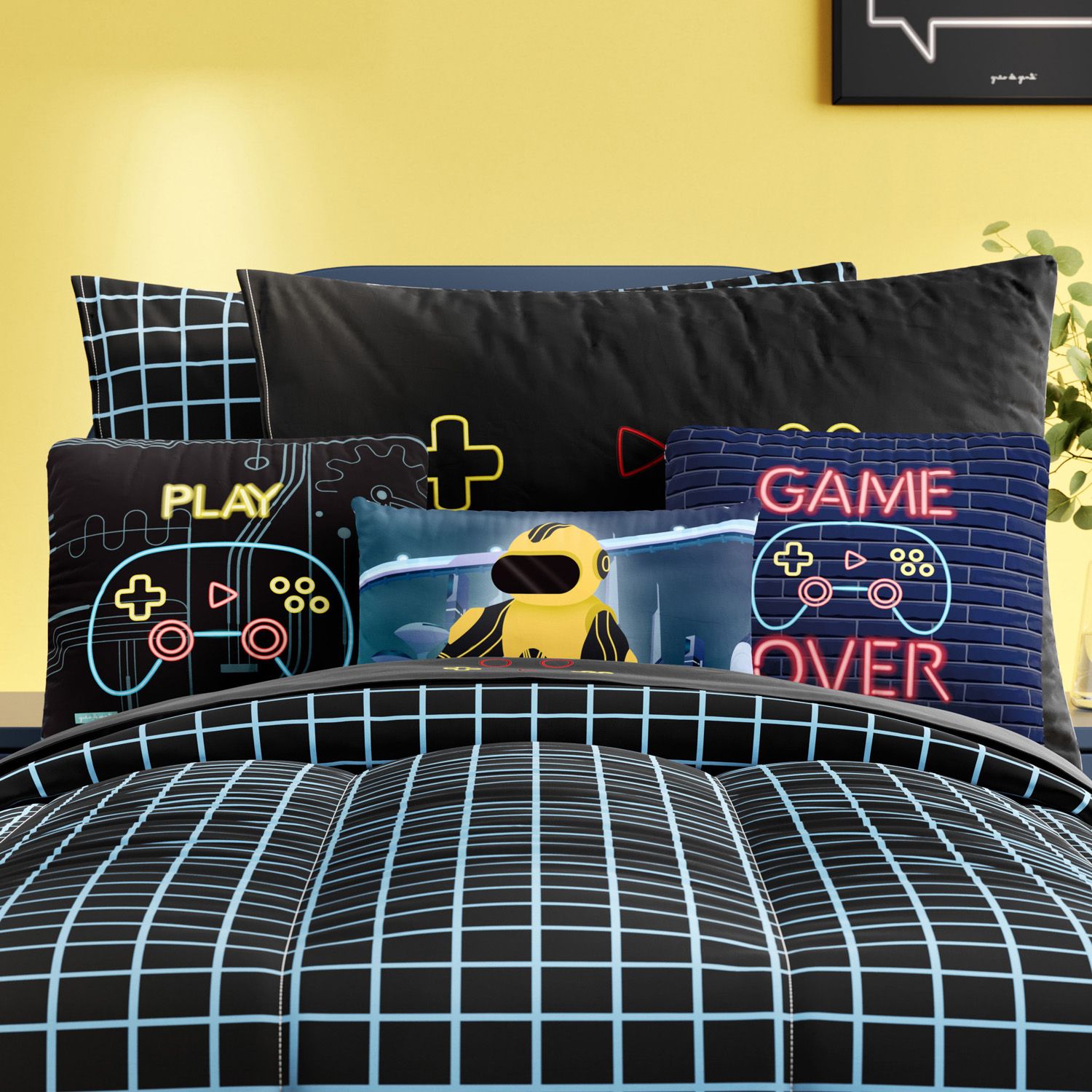 Kit Cama Infantil Solteiro Gamer Quadriculado