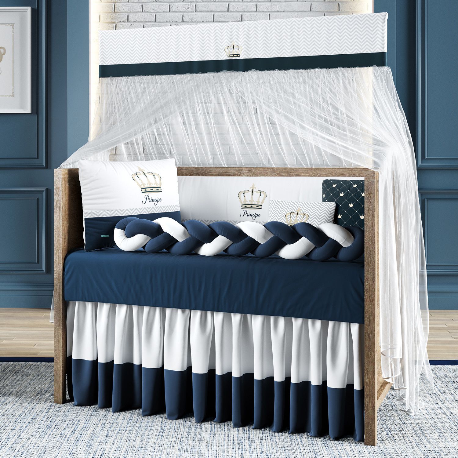 Kit Berço Trança Coroa Meu Príncipe Azul Marinho