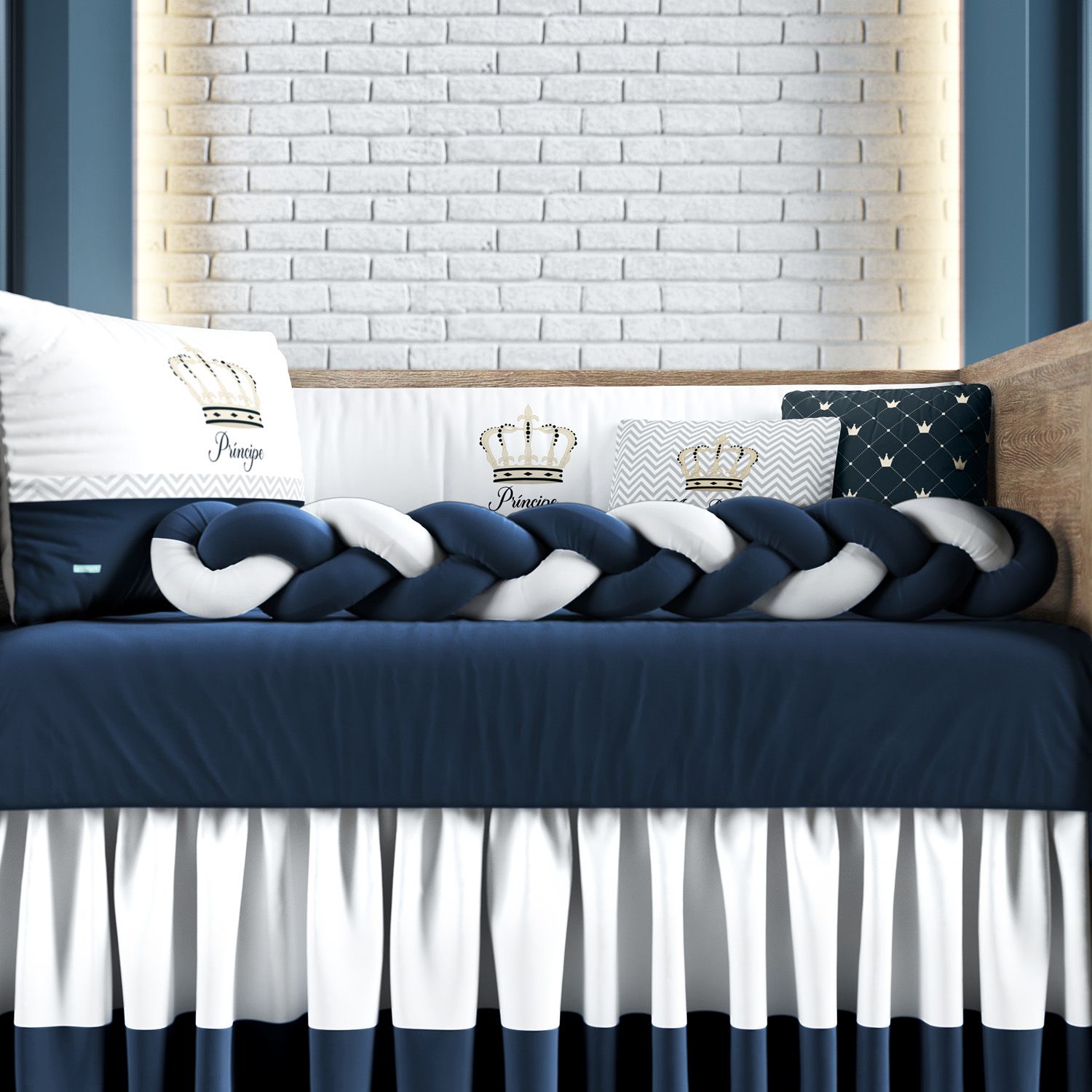 Kit Berço Trança Coroa Meu Príncipe Azul Marinho