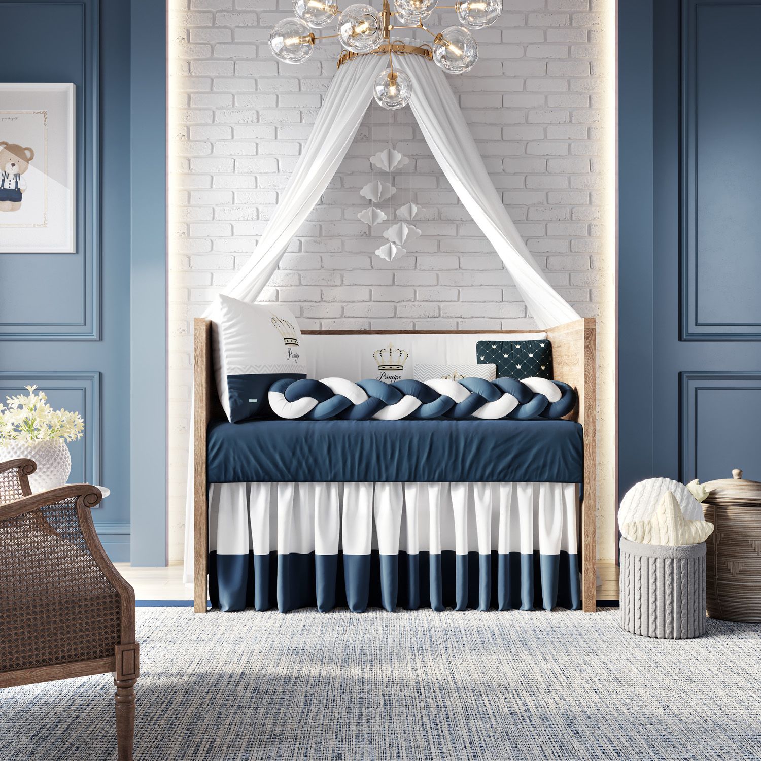 Kit Berço Trança Coroa Meu Príncipe Azul Marinho