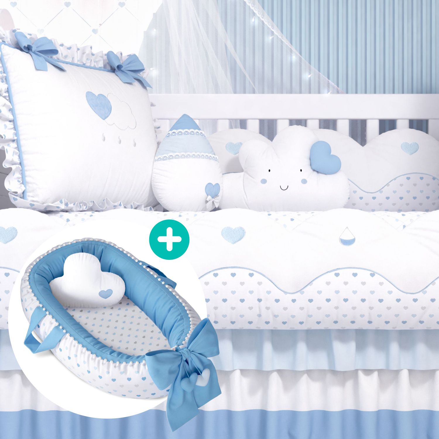 Kit Berço Chuva de Amor Azul + Ninho para Bebê Redutor de Berço Pompom e Corações Azul 80cm