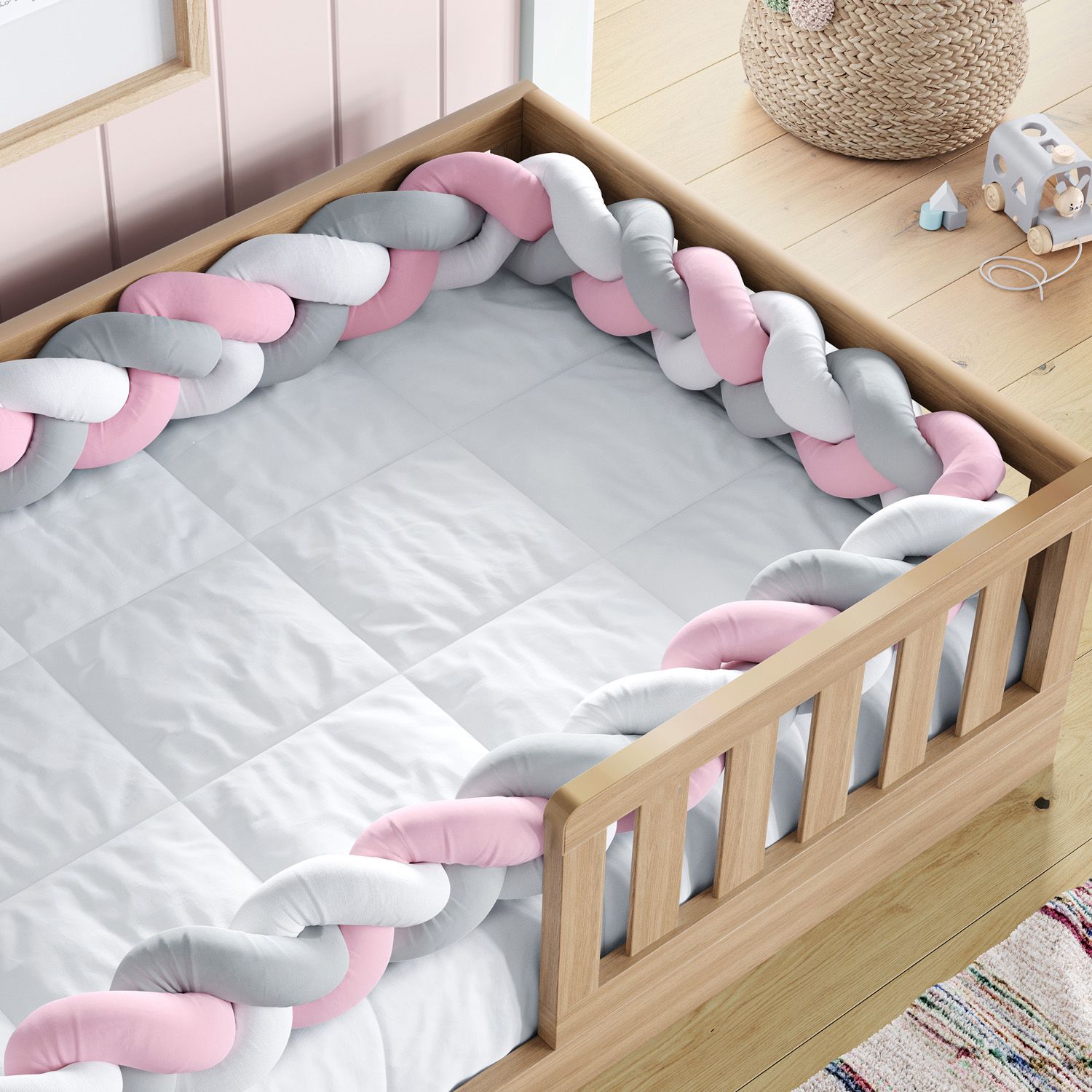 Trança Lateral Para Cama Montessoriana Solteiro Branco Cinza e Rosa 5,32M