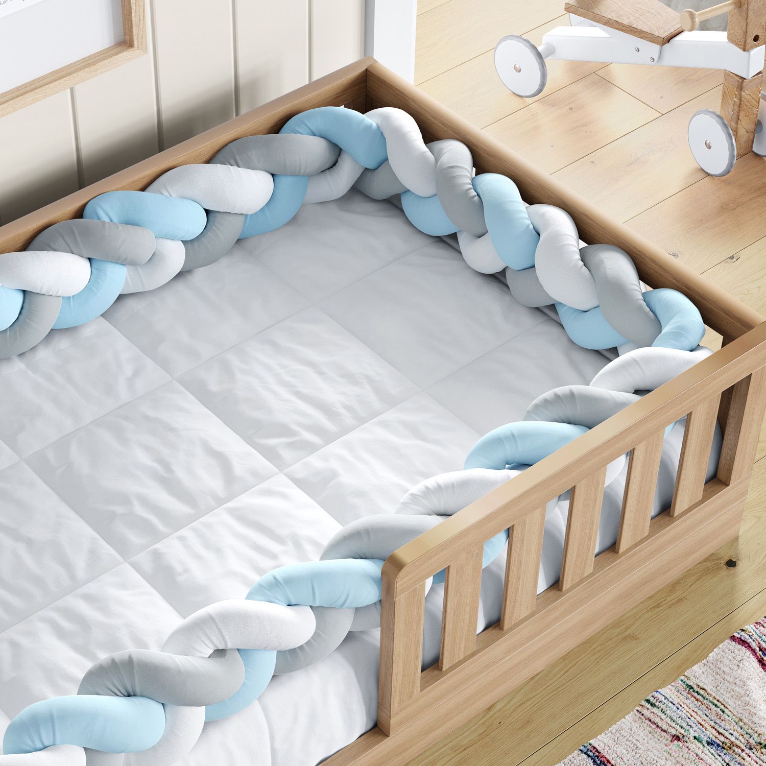 Trança Lateral Para Cama Montessoriana Solteiro Branco Cinza e Azul 5,32M