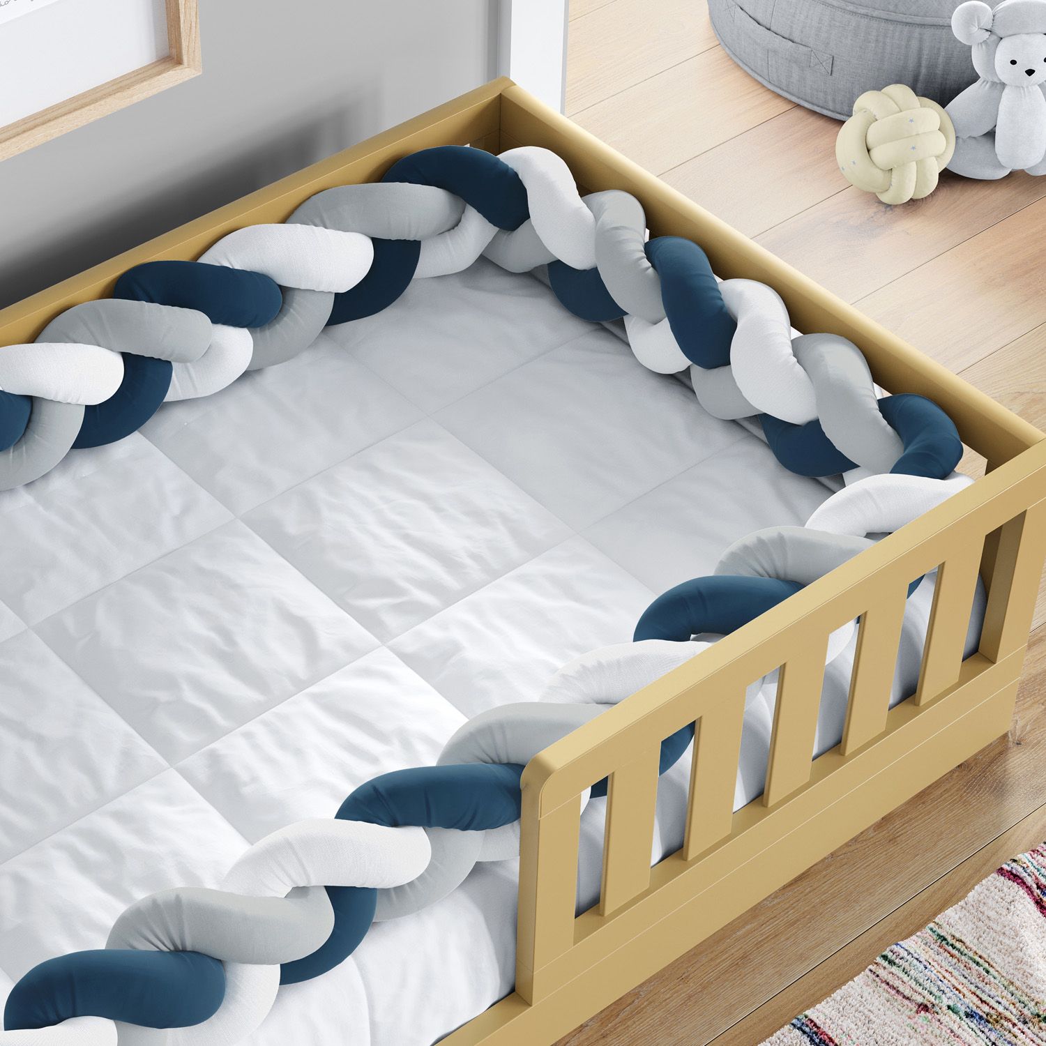 Trança Lateral Para Cama Montessoriana Solteiro Cinza Branco e Azul Marinho 5,32M