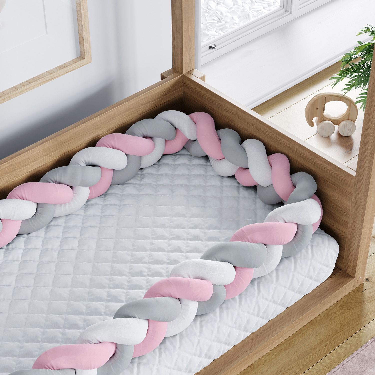 Trança Lateral Para Mini Cama Branco Cinza e Rosa 4,32M