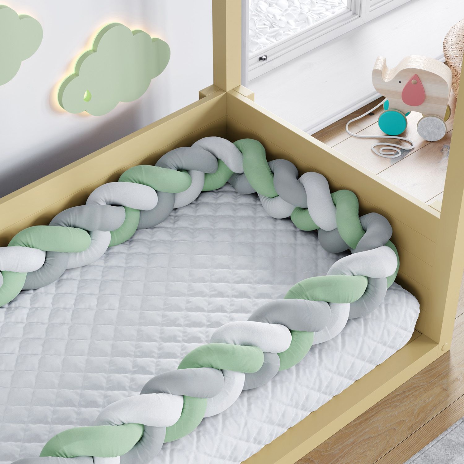 Trança Lateral Para Mini Cama Branco Cinza e Verde 4,32M