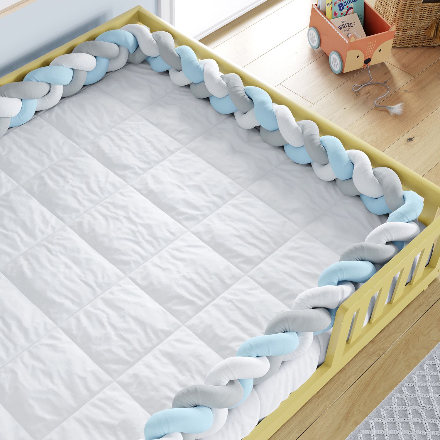 Trança Lateral Para Cama Montessoriana Casal Branco Cinza e Azul 6,52M