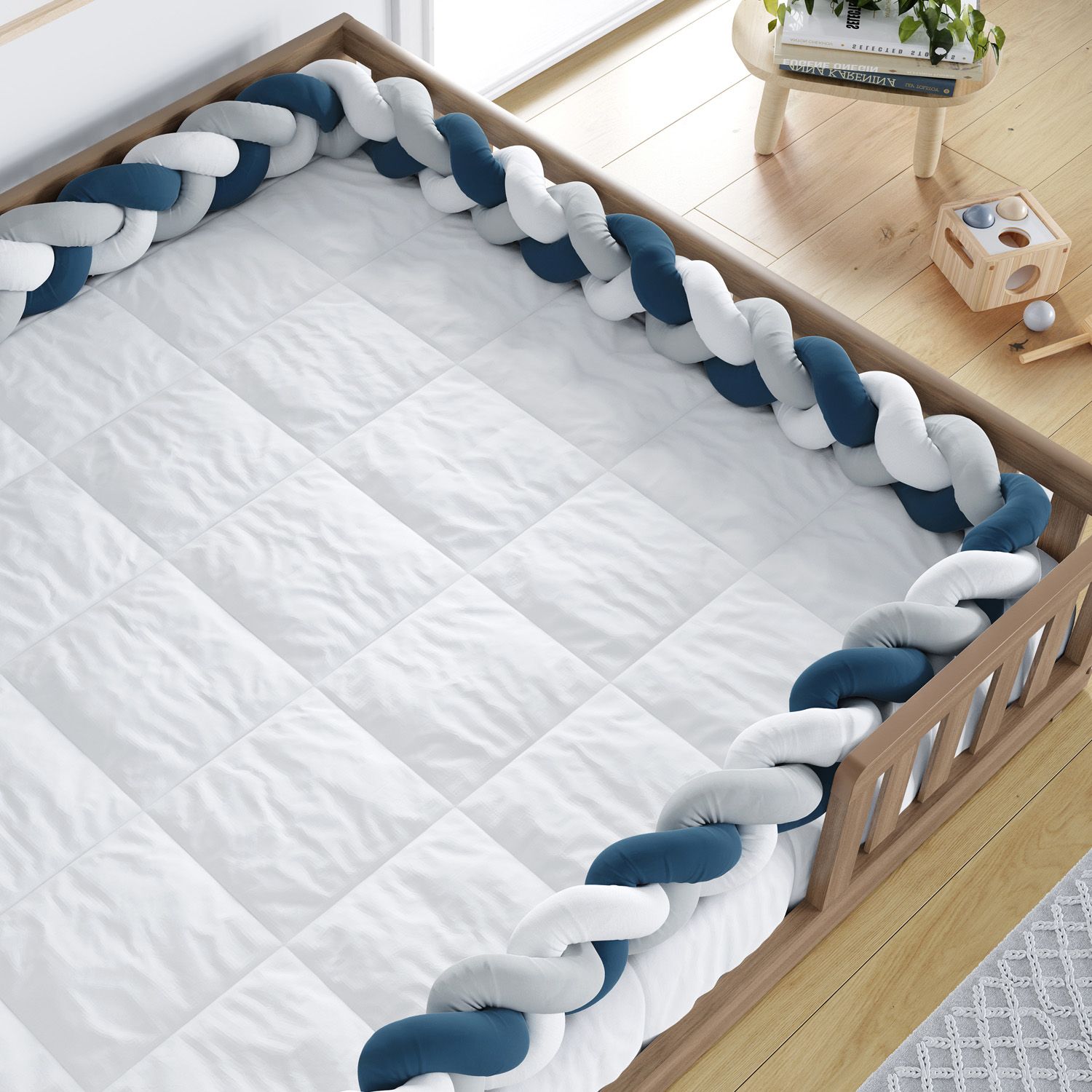 Trança Lateral Para Cama Montessoriana Casal Branco Cinza e Azul Marinho 6,52M