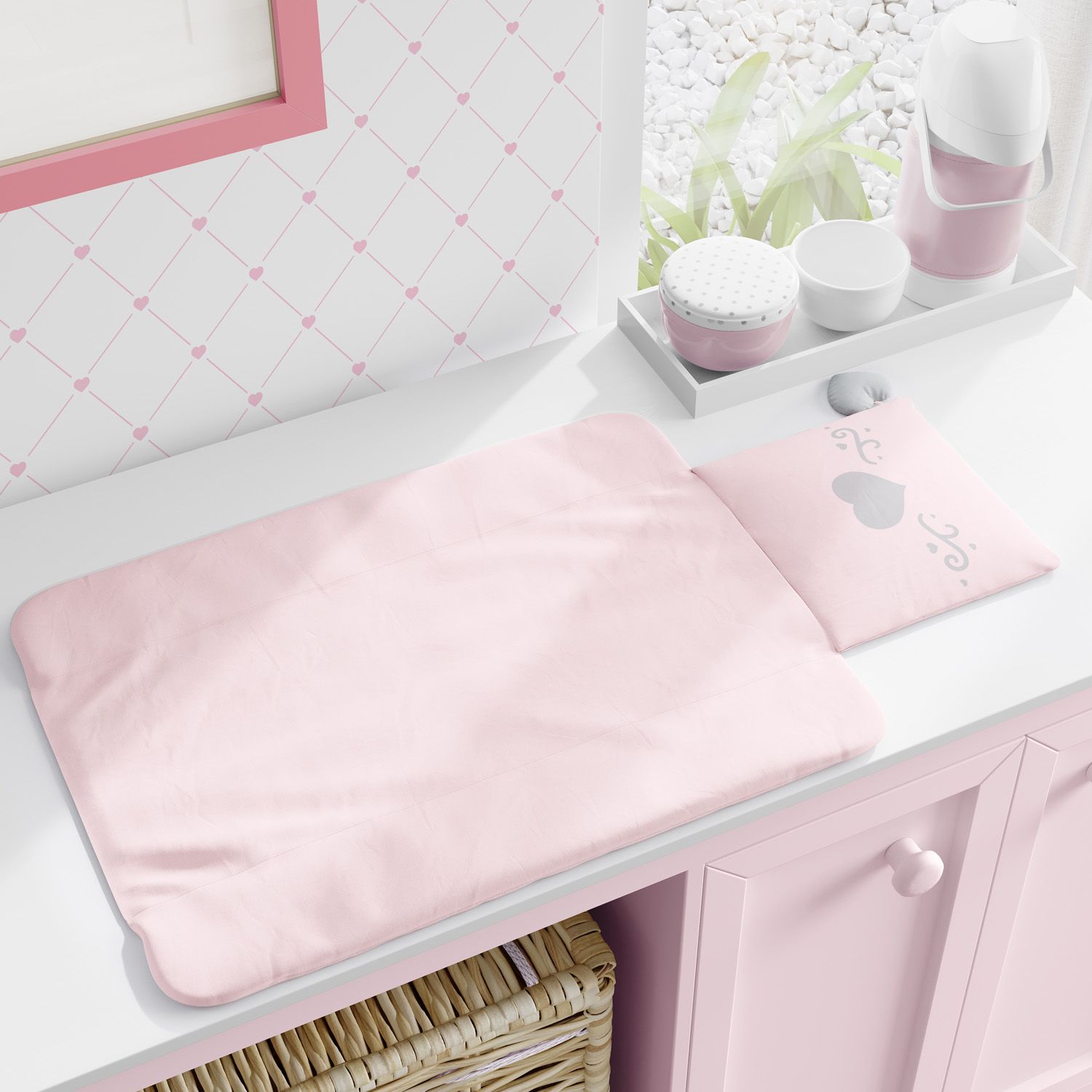 Trocador de Fraldas Portátil Coração Cinza e Rosa 73x40cm