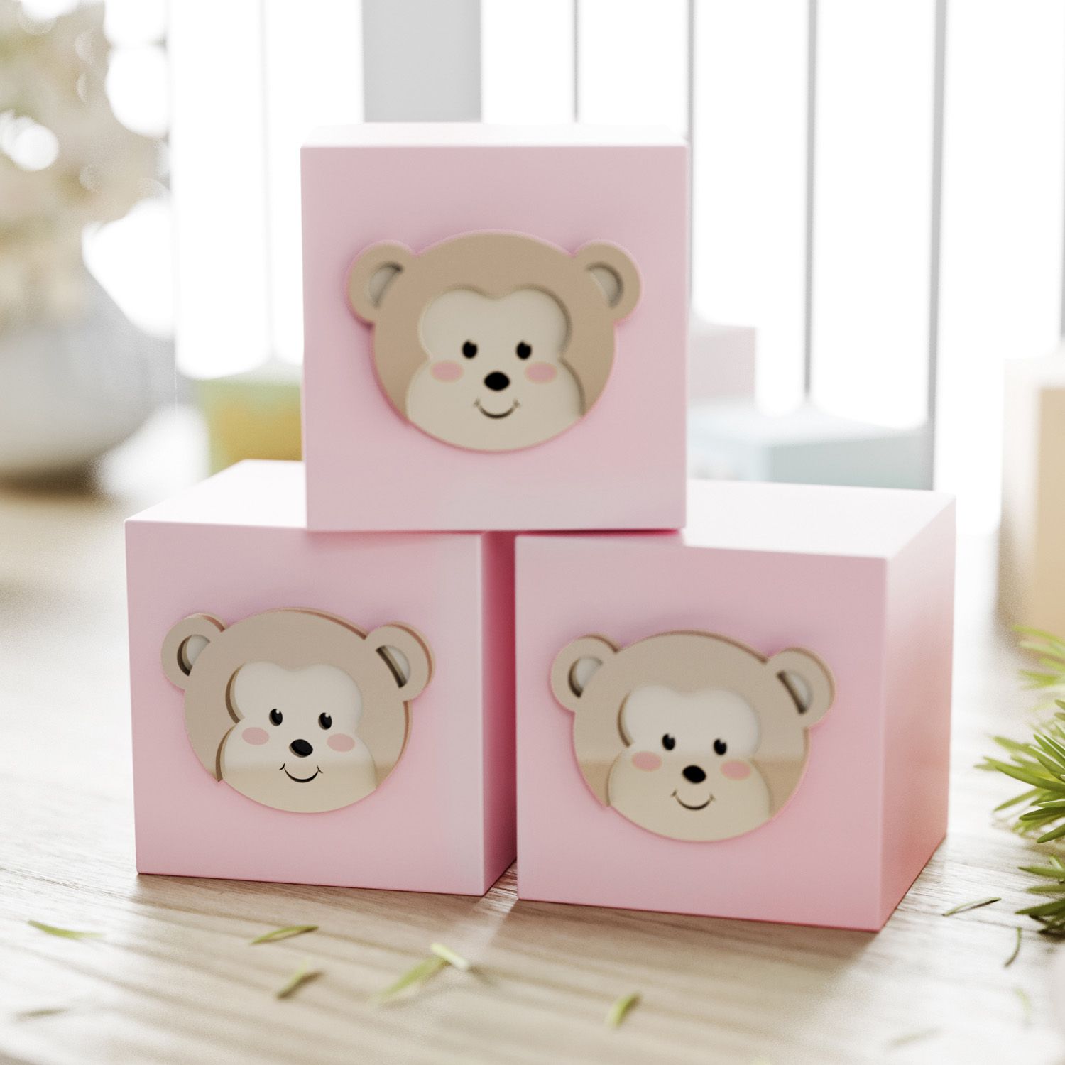 Cubo Decorativo Amiguinho Macaquinho MDF Rosa