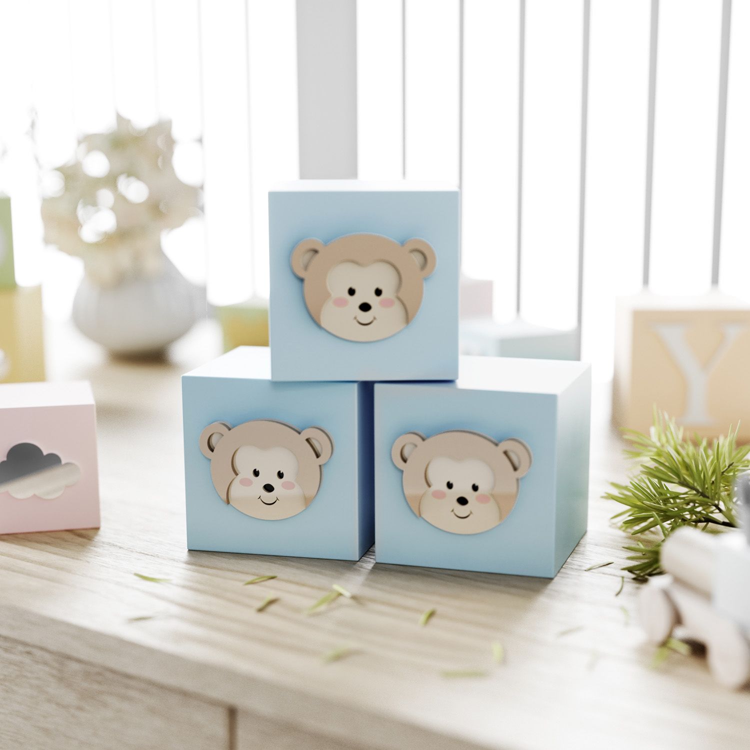 Cubo Decorativo Amiguinho Macaquinho MDF Rosa