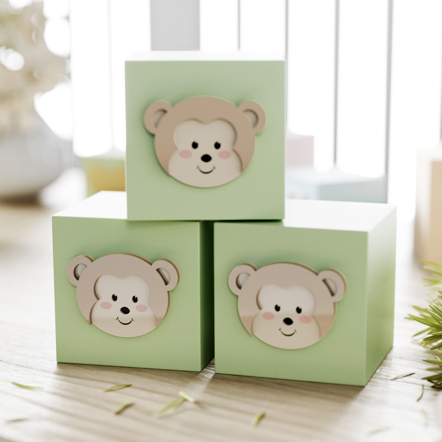 Cubo Decorativo Amiguinho Macaquinho MDF Verde 