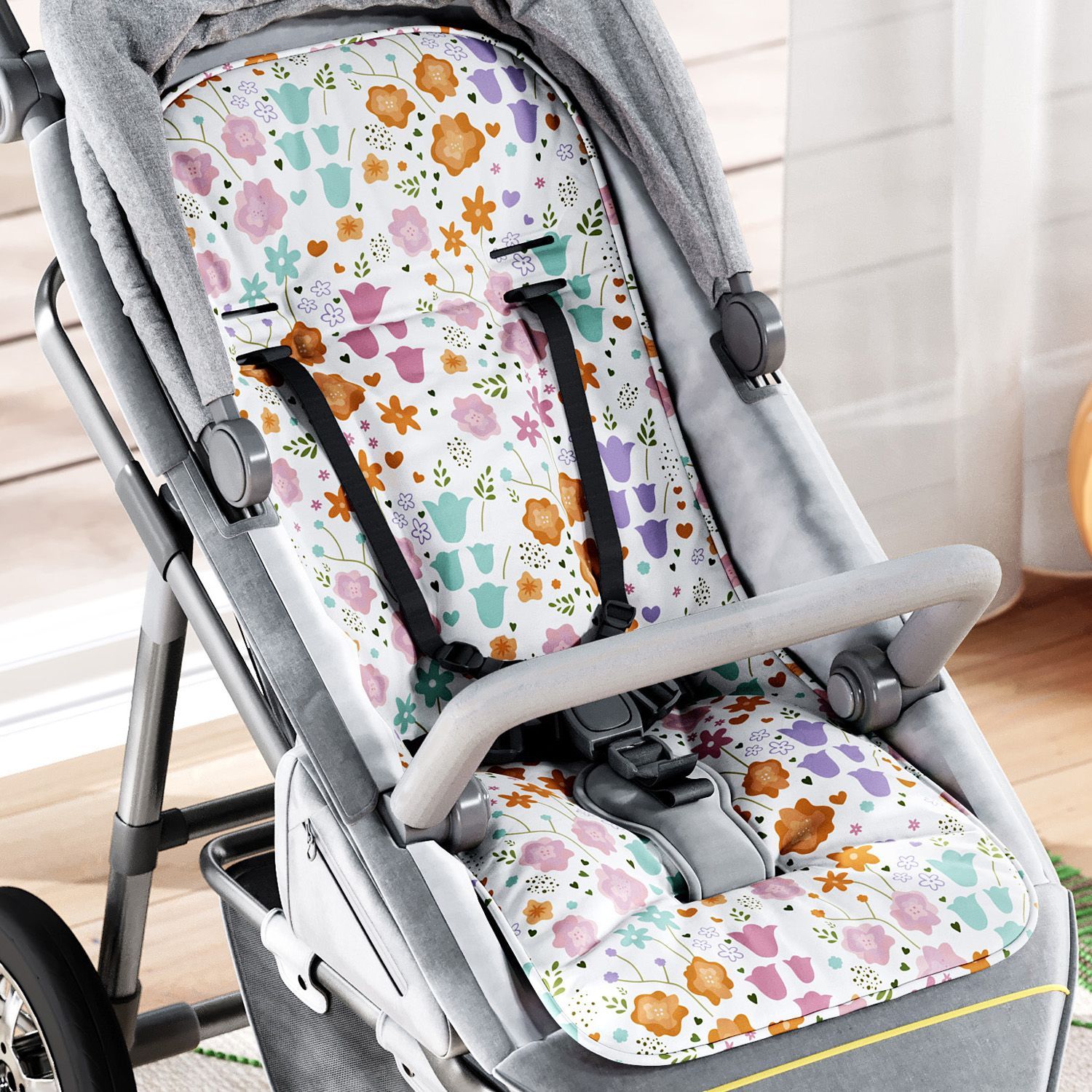 Capa de Carrinho com Protetor de Cinto Buquê de Flores Colorido