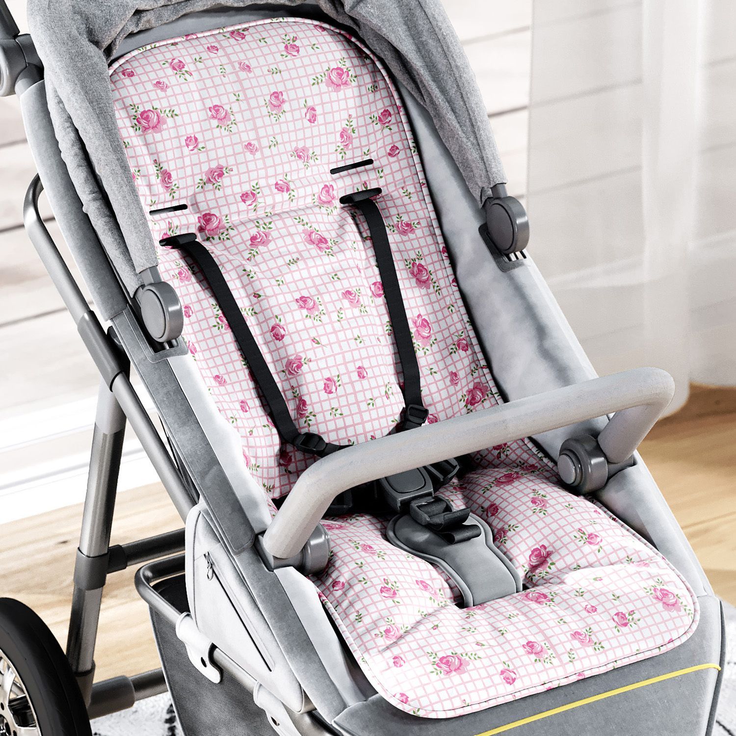 Capa de Carrinho com Protetor de Cinto Rosas Xadrez