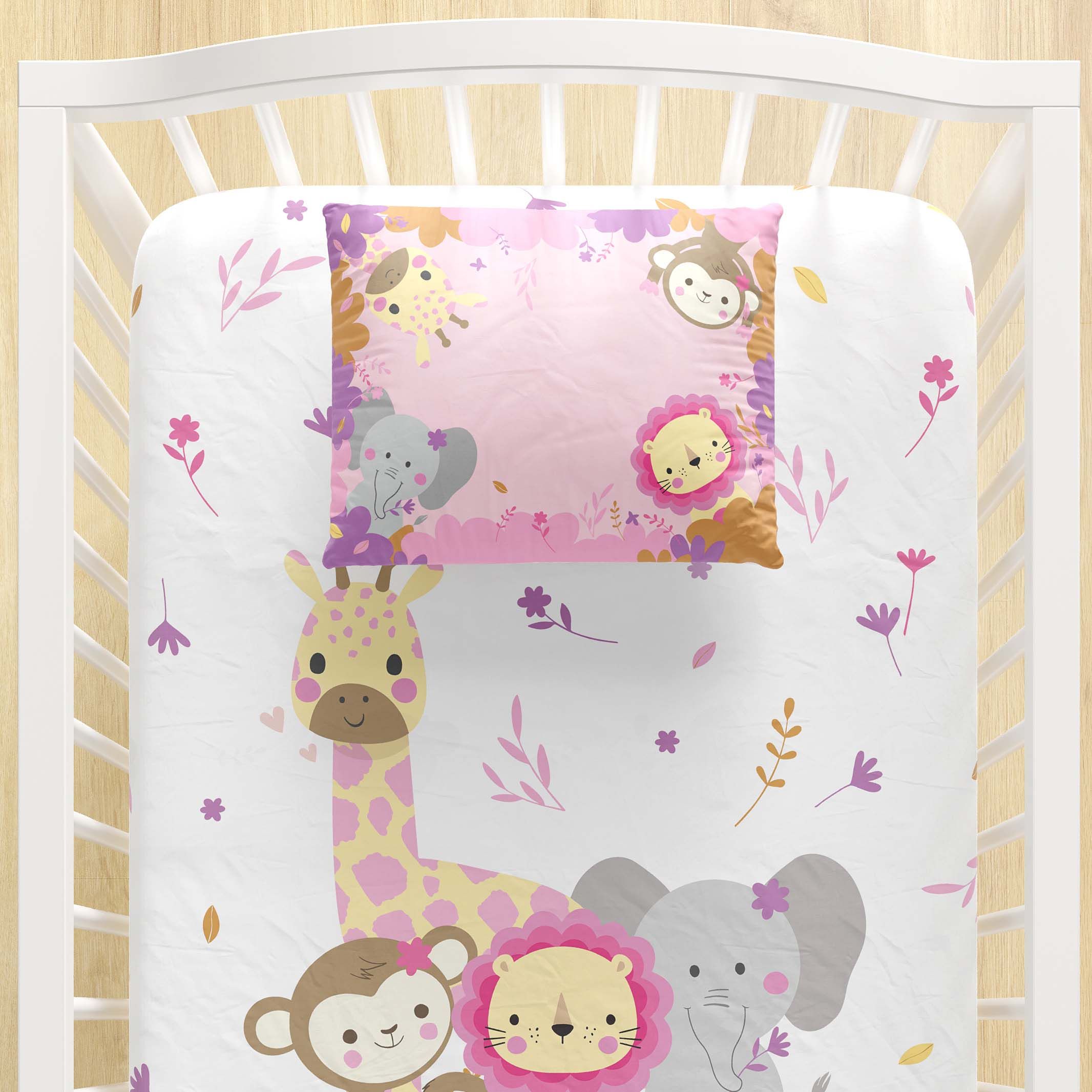 Jogo de Lençol Berço Animais Selva Baby Rosa