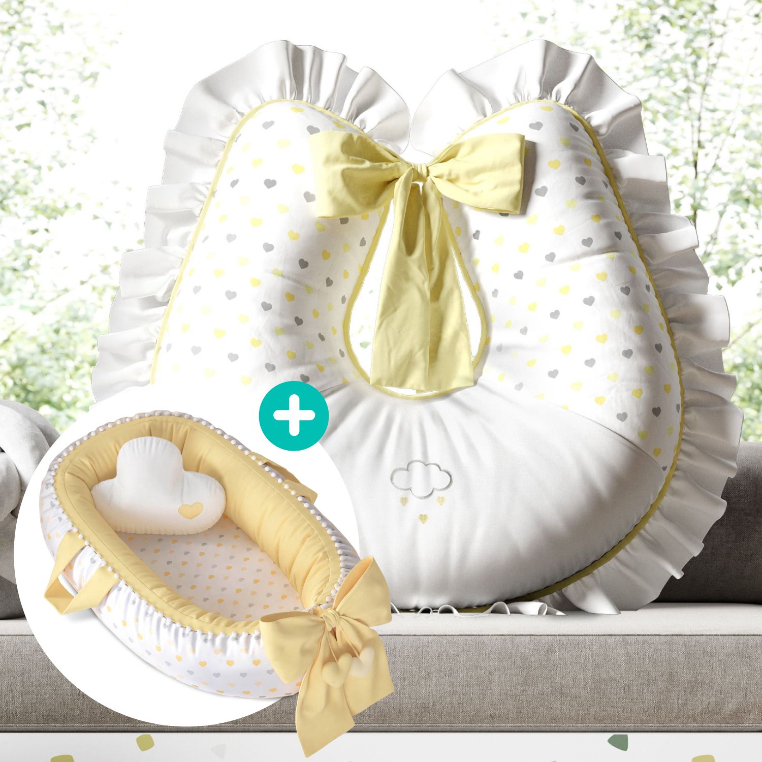 Kit Almofada Amamentação Chuva de Amor Amarelo + Ninho para Bebê Redutor de Berço Pompom e Corações