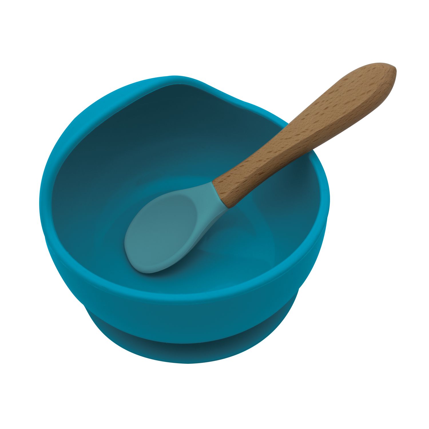 Kit Refeição de Silicone e Bambu Bowl com Colher e Ventosa Azul