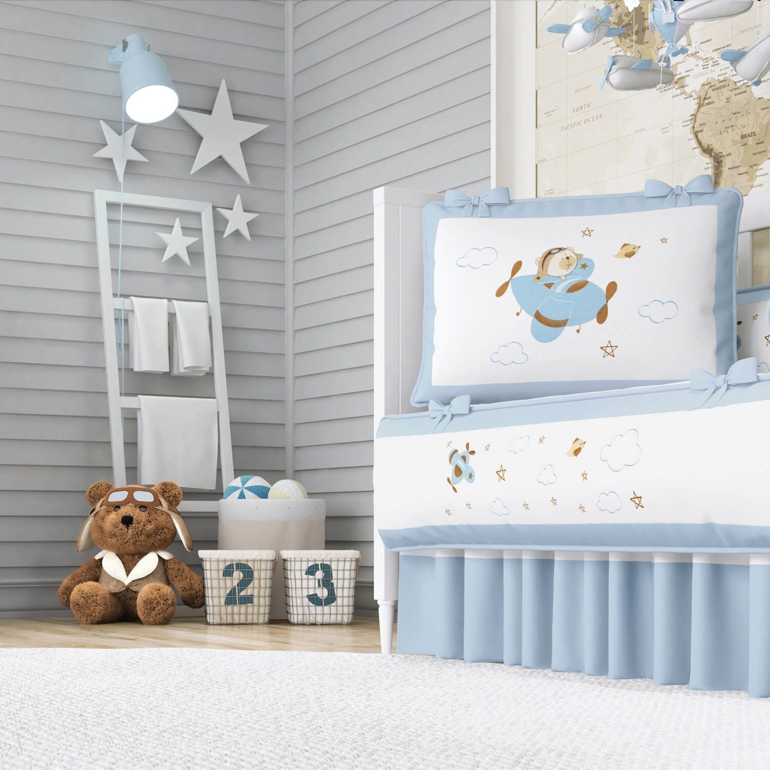 Quarto de Bebê Completo Urso Aviador Azul Bebê 21 Peças