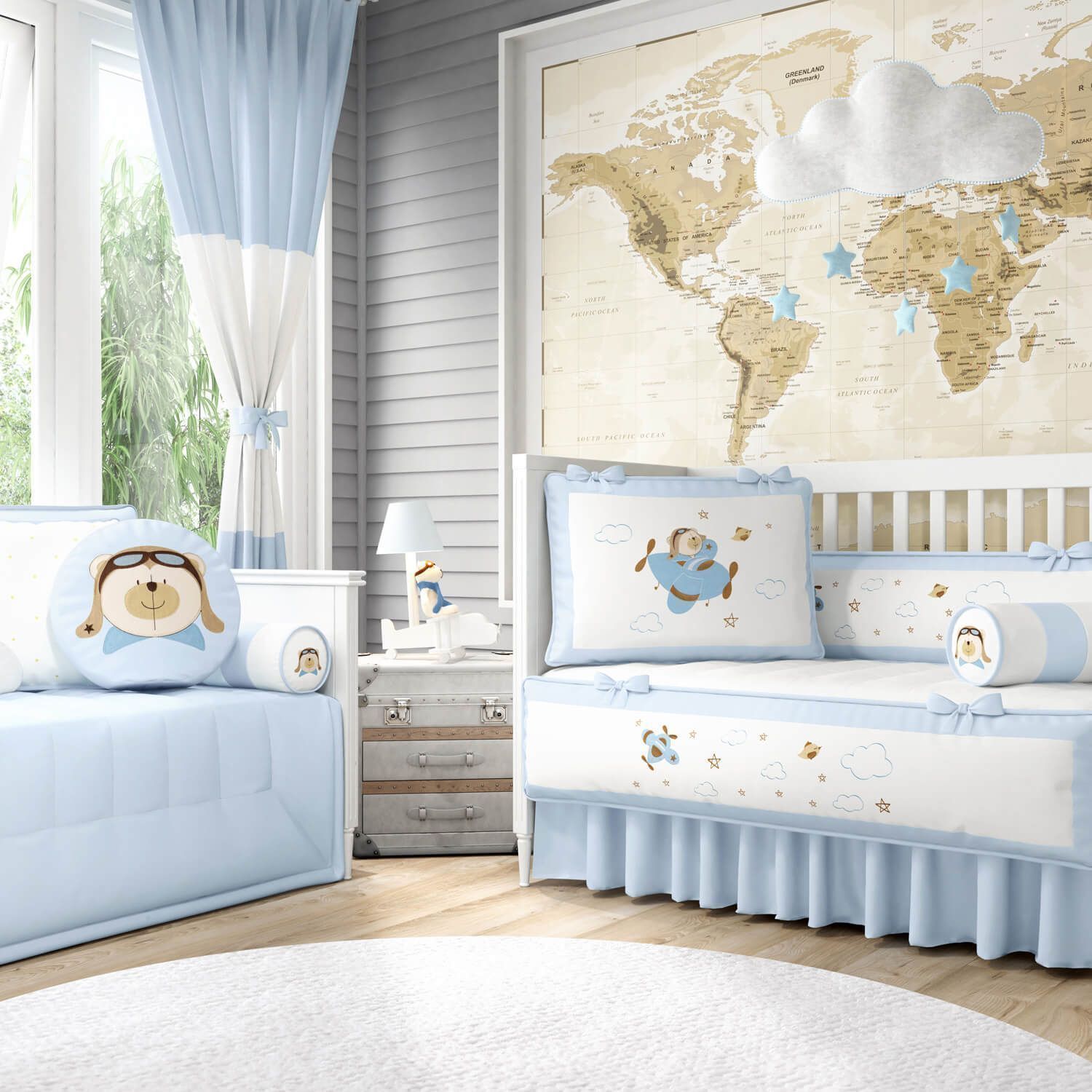 Quarto de Bebê Completo Urso Aviador Azul Bebê 32 Peças