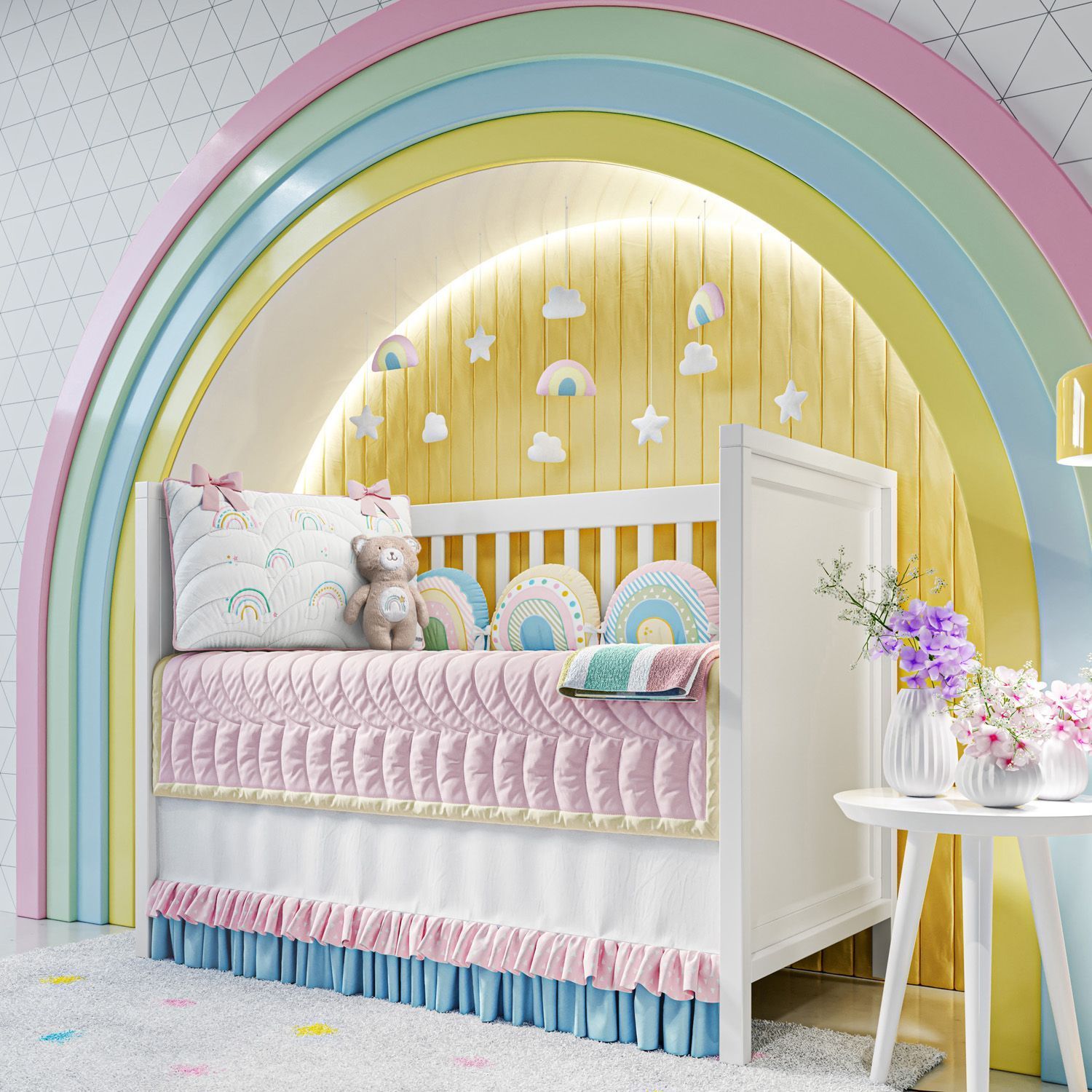 Quarto de Bebê Completo Arco-íris Patchwork 29 Peças