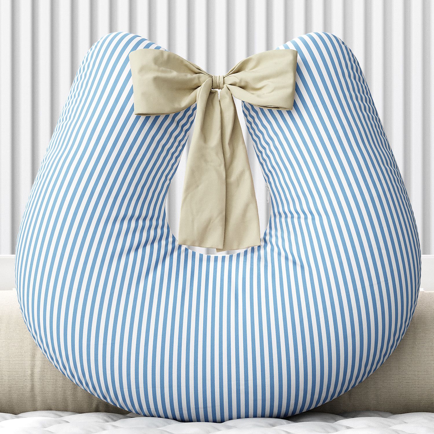 Almofada Amamentação Listra Azul e Laço Bege
