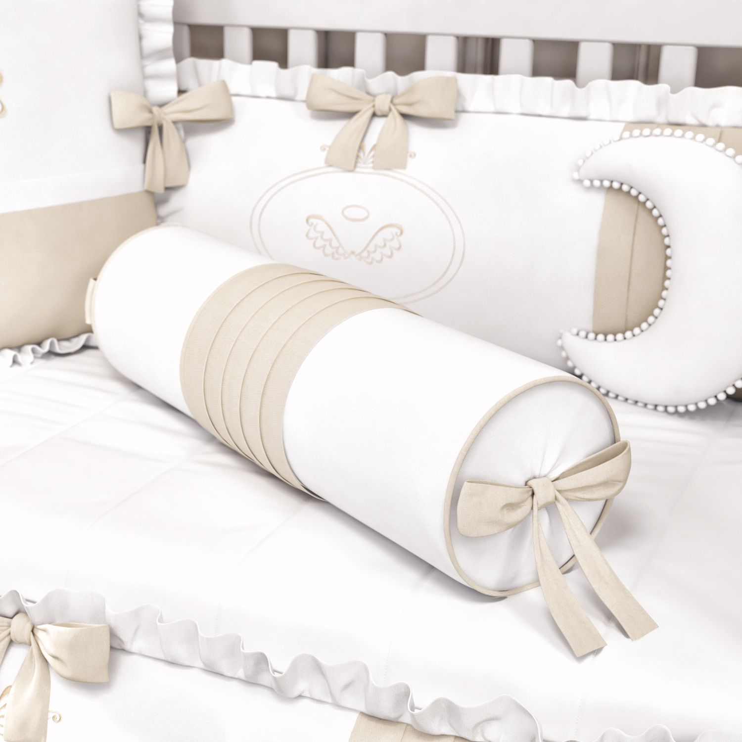 Almofada Rolinho Pregas e Laço Bege 60cm