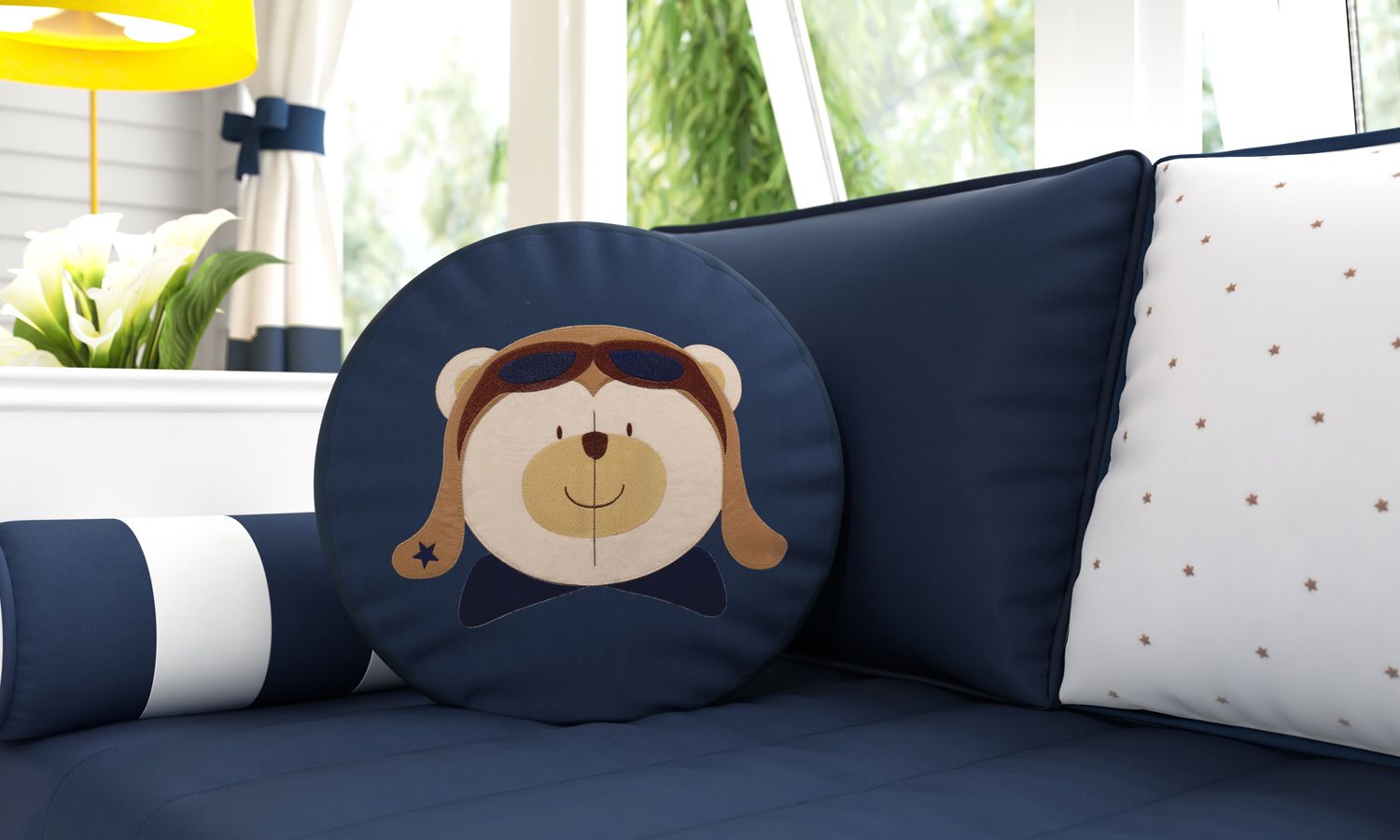 Almofada Redonda Urso Aviador 38cm