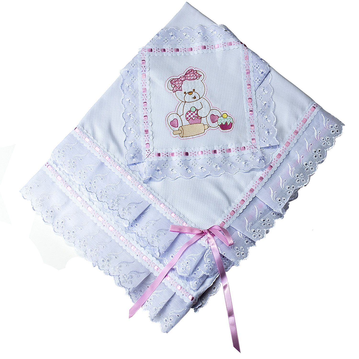 Manta Piquet Bordado Ursa Doceira Rosa 75cm