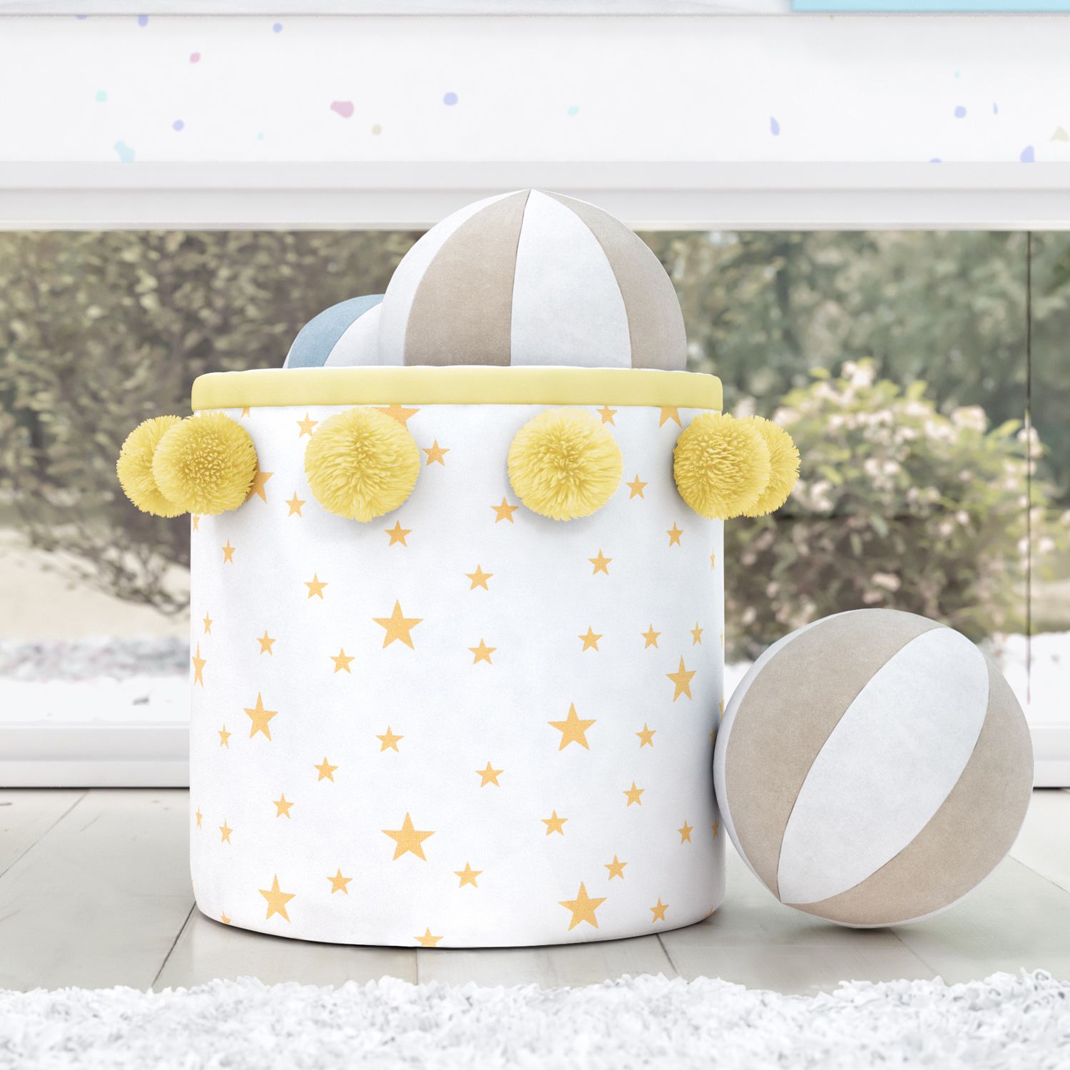 Cesto Organizador para Brinquedos Estrelinhas Pompom Amarelo 35cm