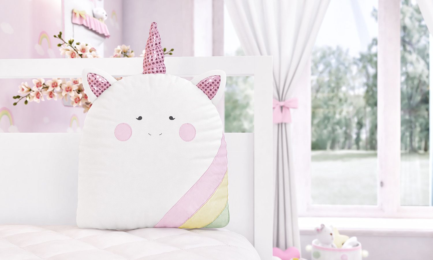 Almofada Amiguinha Unicórnio Paetê Rosa 32cm
