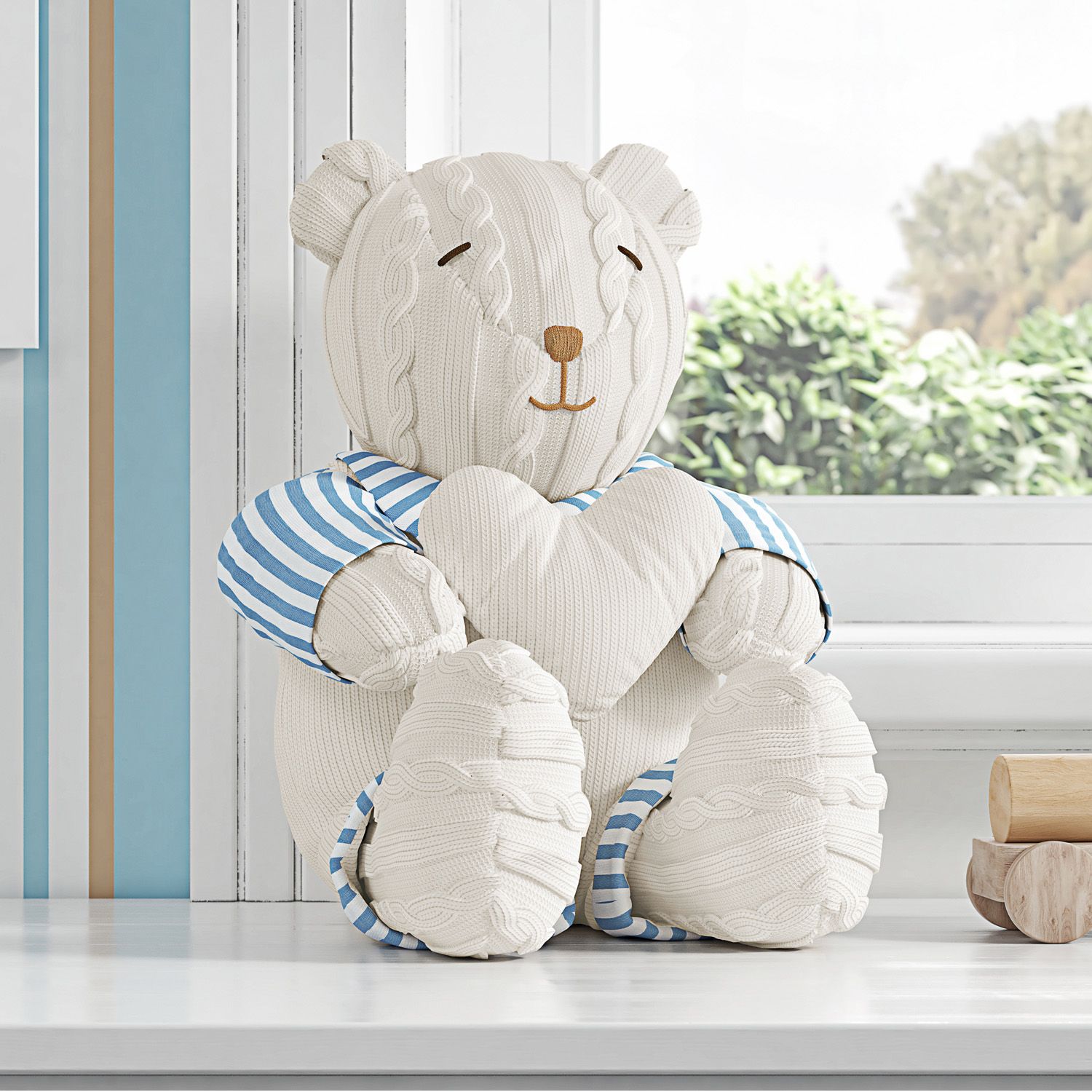 Urso Clássico com Coração Areia Tricot Luxo Azul 42cm