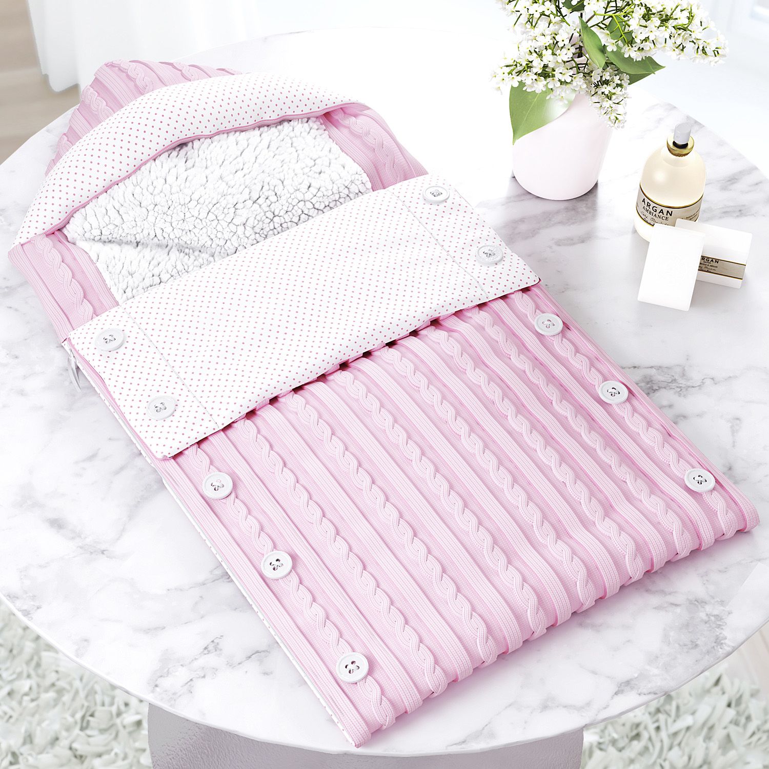 Porta Bebê com Capuz Tricot Luxo Rosa