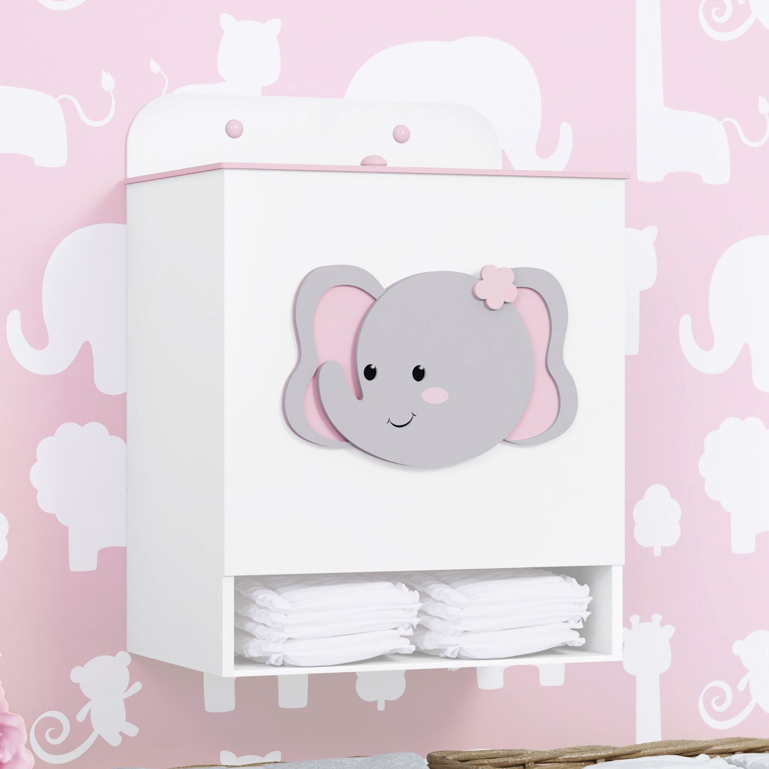 Porta Fraldas MDF Elefante Amiguinhas Safári Rosa