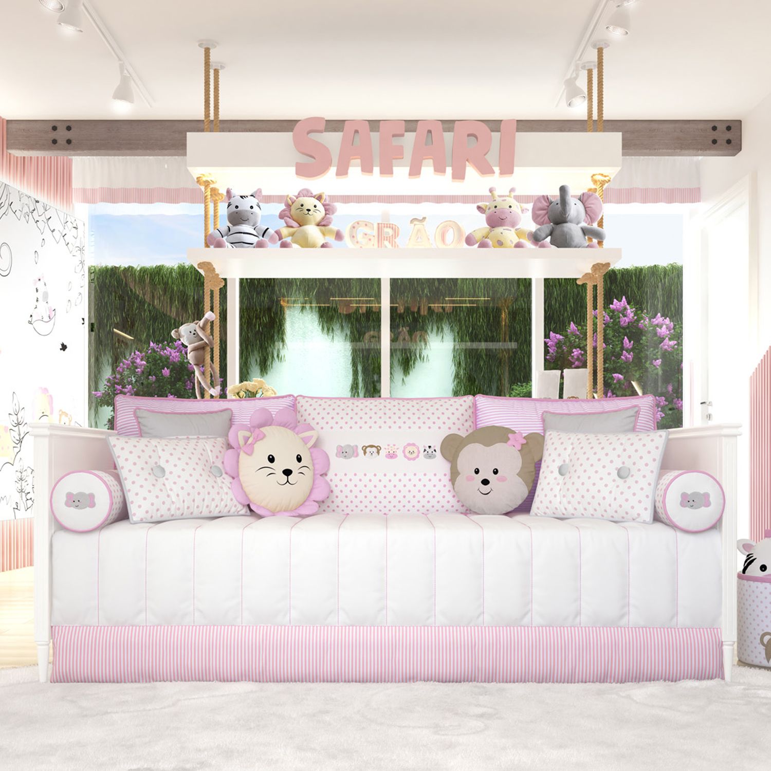 Kit Cama Babá Amiguinhas Safári Rosa