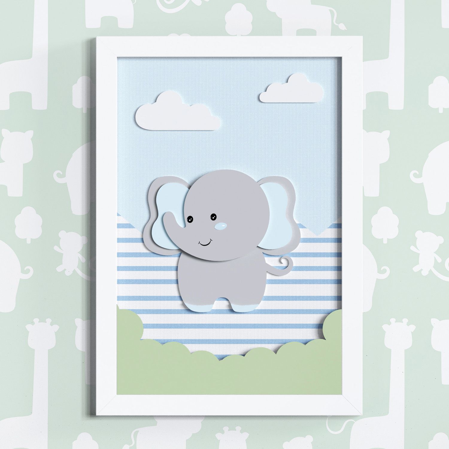 Quadro LED MDF Amiguinho Elefante Azul 35cm