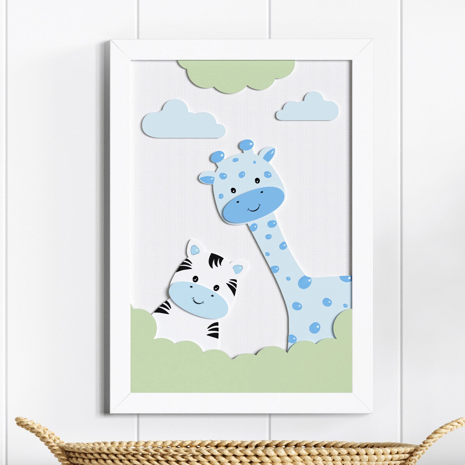 Quadro MDF Amiguinhas Zebra e Girafa Azul 36cm