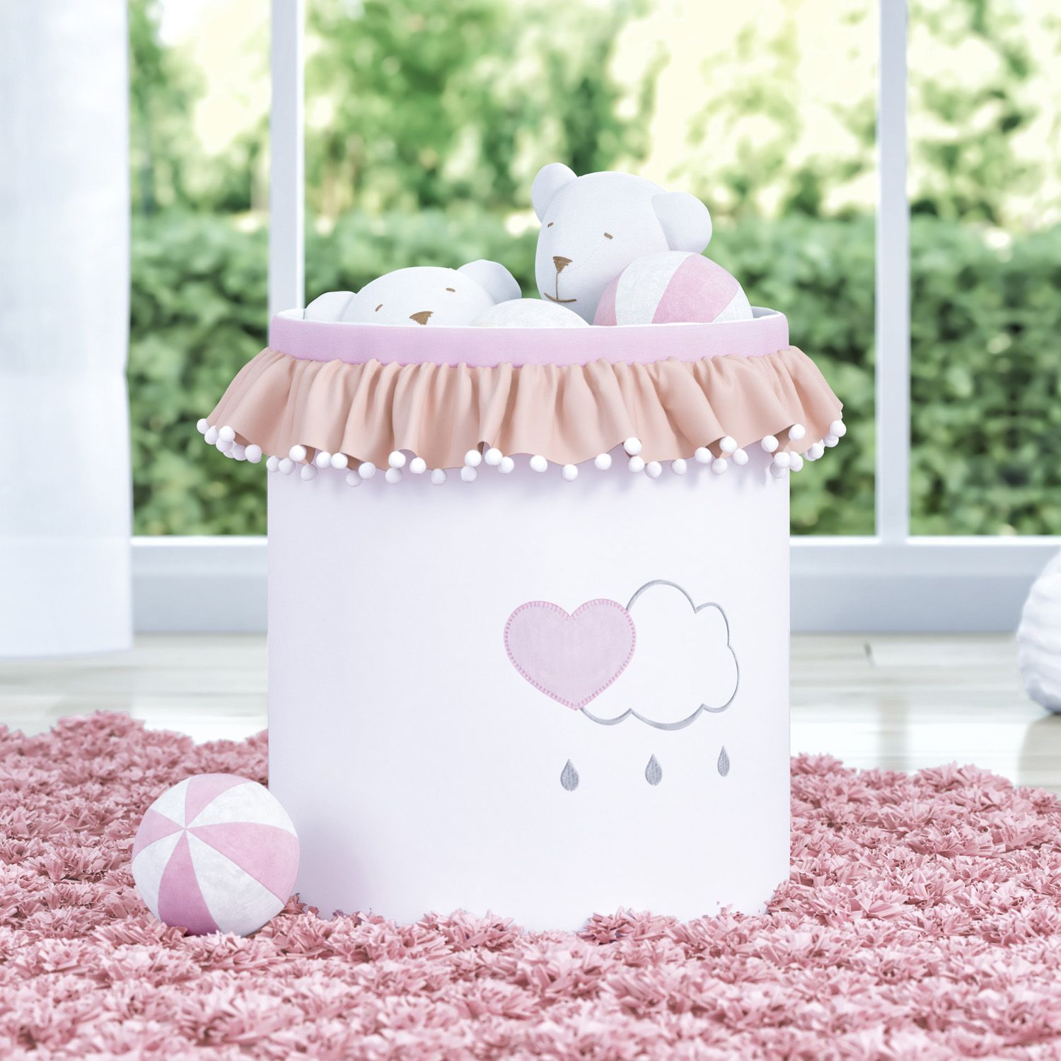 Cesto Organizador para Brinquedos Pompom e Babado Chuva de Amor 35cm